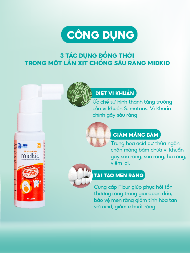Mô tả Xịt chống sâu răng MIDKID chính hãng hương Táo 20ml, vị ngọt thơm nuốt an toàn cho bé từ 1 tuổi - 3