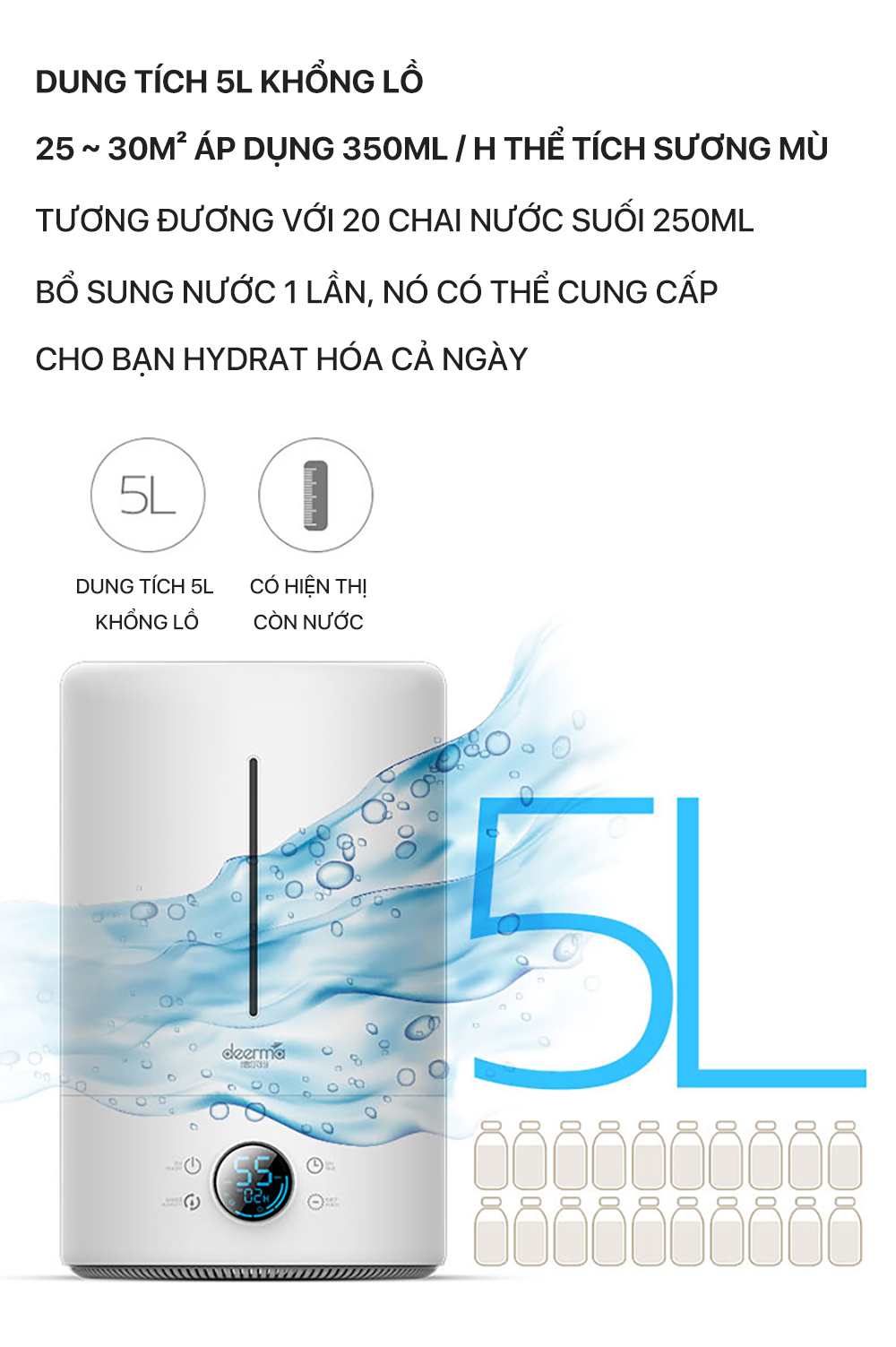 Mô tả Máy phun sương tạo độ ẩm không khí Deerma F628S dung tích 5L có tia UV khử khuẩn - Bảo hành 12 tháng - 5
