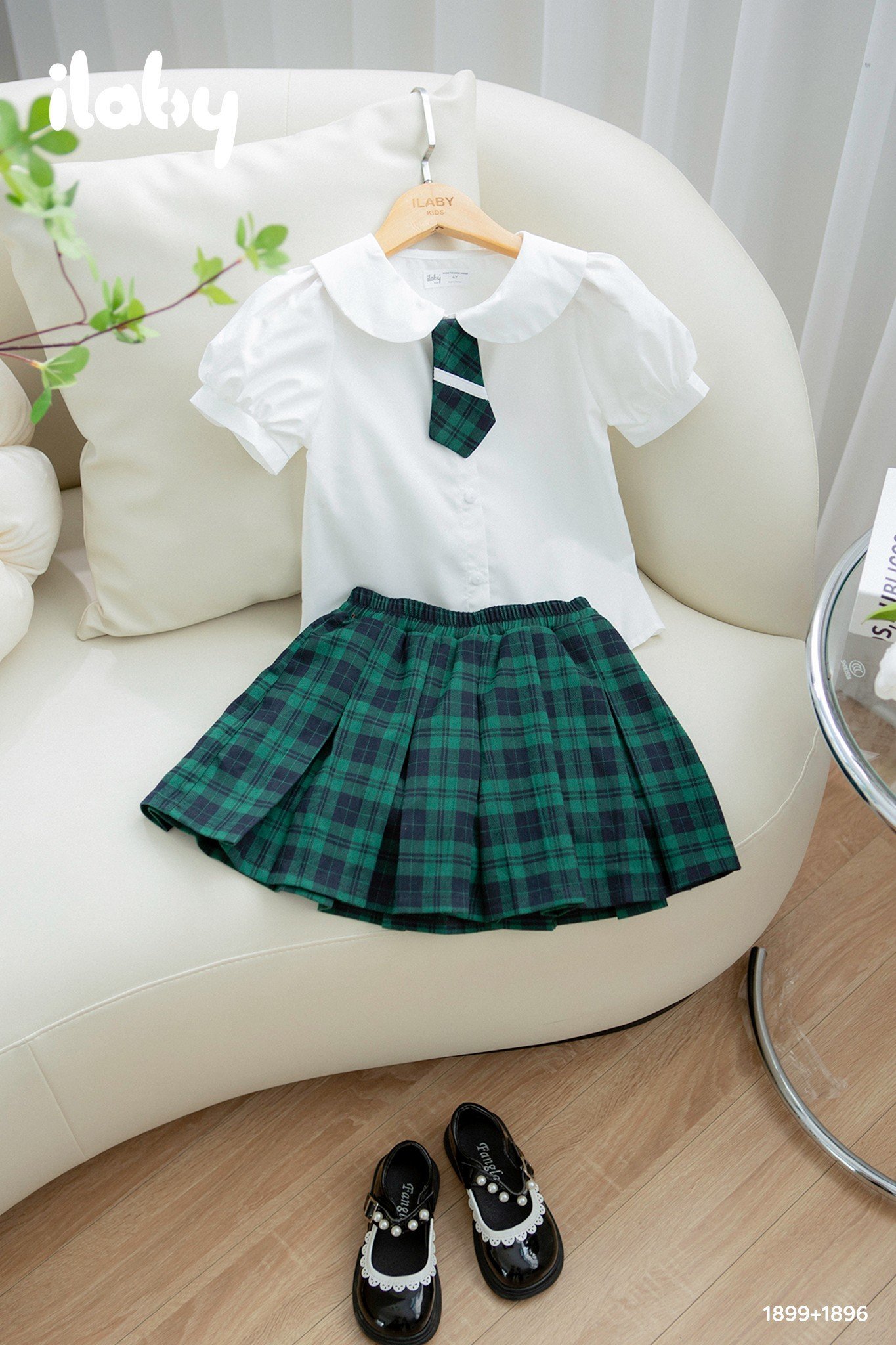 Mô tả Áo sơ mi đi học bé gái ILABY cổ sen chất liệu thô cotton thoáng mát cho bé 10-35kg không kèm cà vạt [1899] - 1