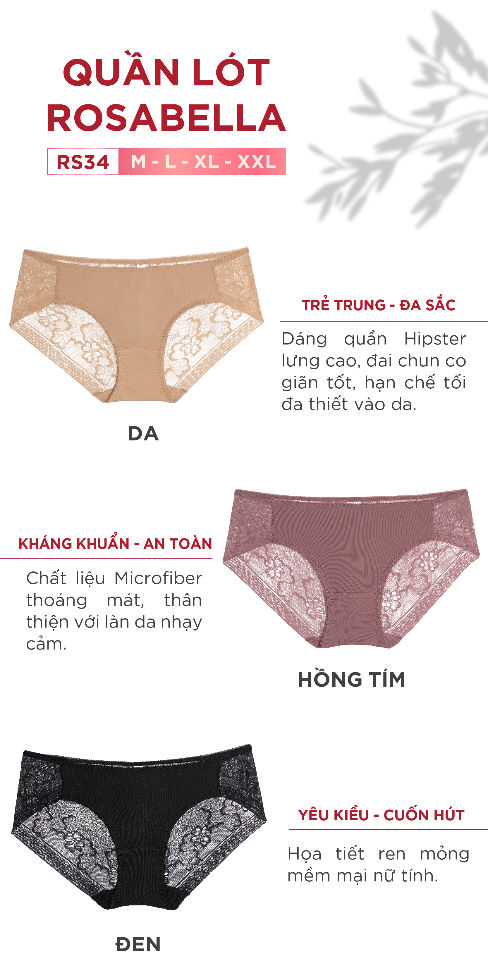 Mô tả Quần Lót Ren Nữ ROSABELLA Chất Liệu Dệt Mỏng Mịn, Kháng Khuẩn Co Giãn 4 Chiều An Toàn Với Da RS34 - 2