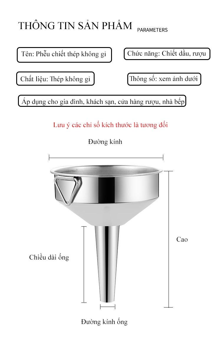 Phễu rót rượu, đổ dầu nhớt dung dịch, chất lỏng bằng Inox 304 cao cấp ...