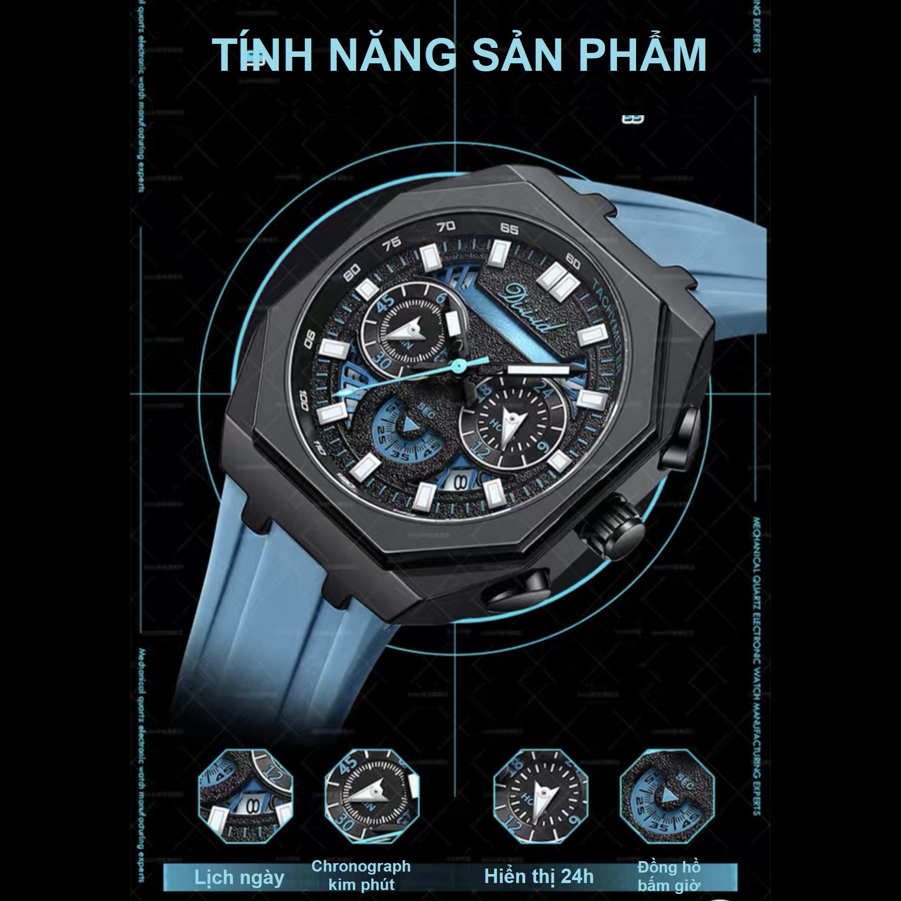 Mô tả Đồng hồ nam DIZIZID chính hãng dây silicon cao cấp - Chạy full kim và lịch ngày - Chống nước tốt - Mặt bát giác DZ89 - 7