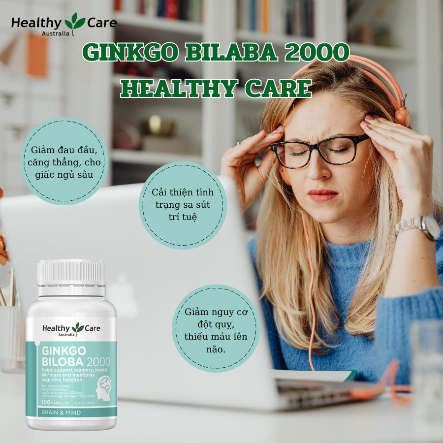 Mô tả Viên uống bổ não Healthy Care Ginkgo Biloba 2000 tuần hoàn lưu thông máu 100 viên - 3