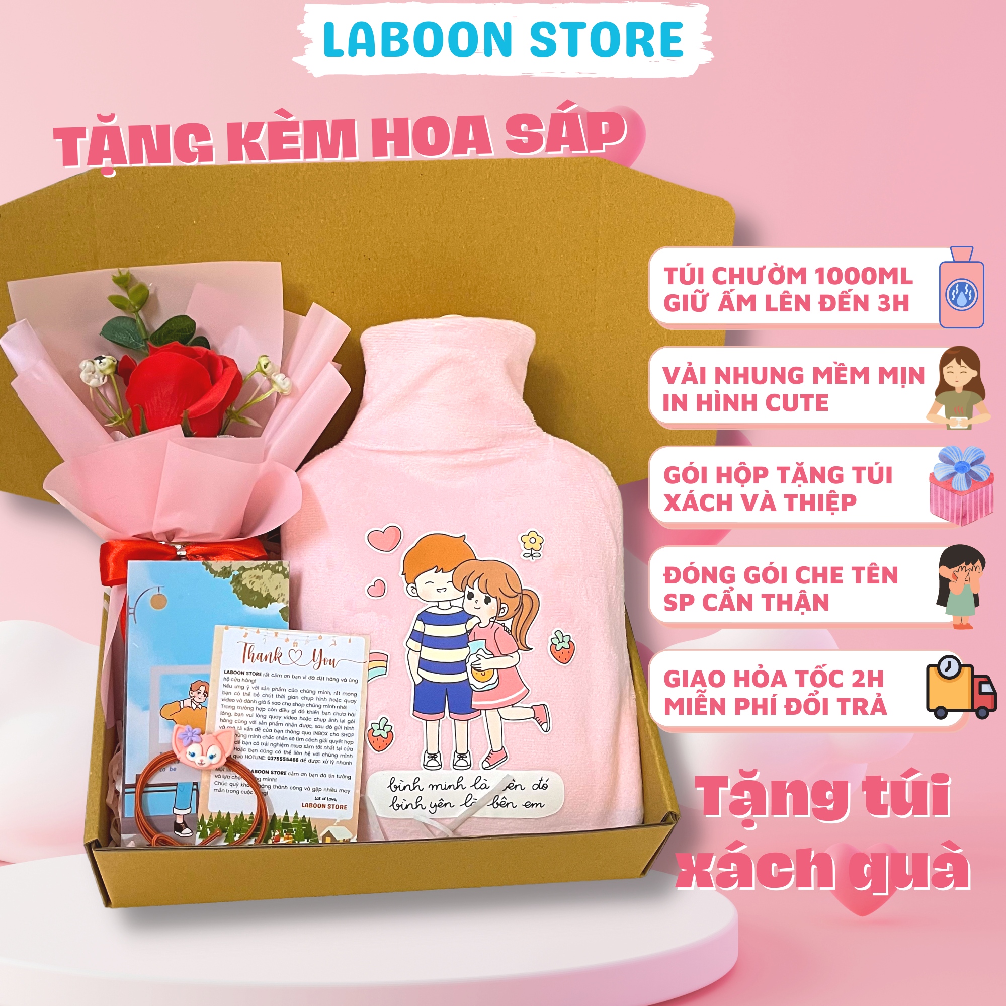 Mô tả Túi chườm ấm đa năng LABOON chất liệu cao su PVC 1000ml giữ nhiệt sưởi ấm đa năng lông nhung mềm mại - 1