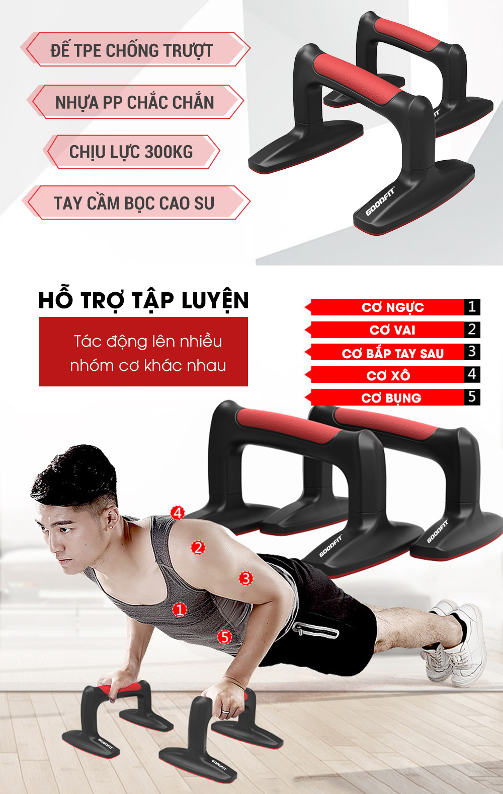 Mô tả Dụng cụ chống đẩy hít đất tập luyện tại nhà GoodFit để bám chống trượt, chịu lực 300kg GF301PU - 3