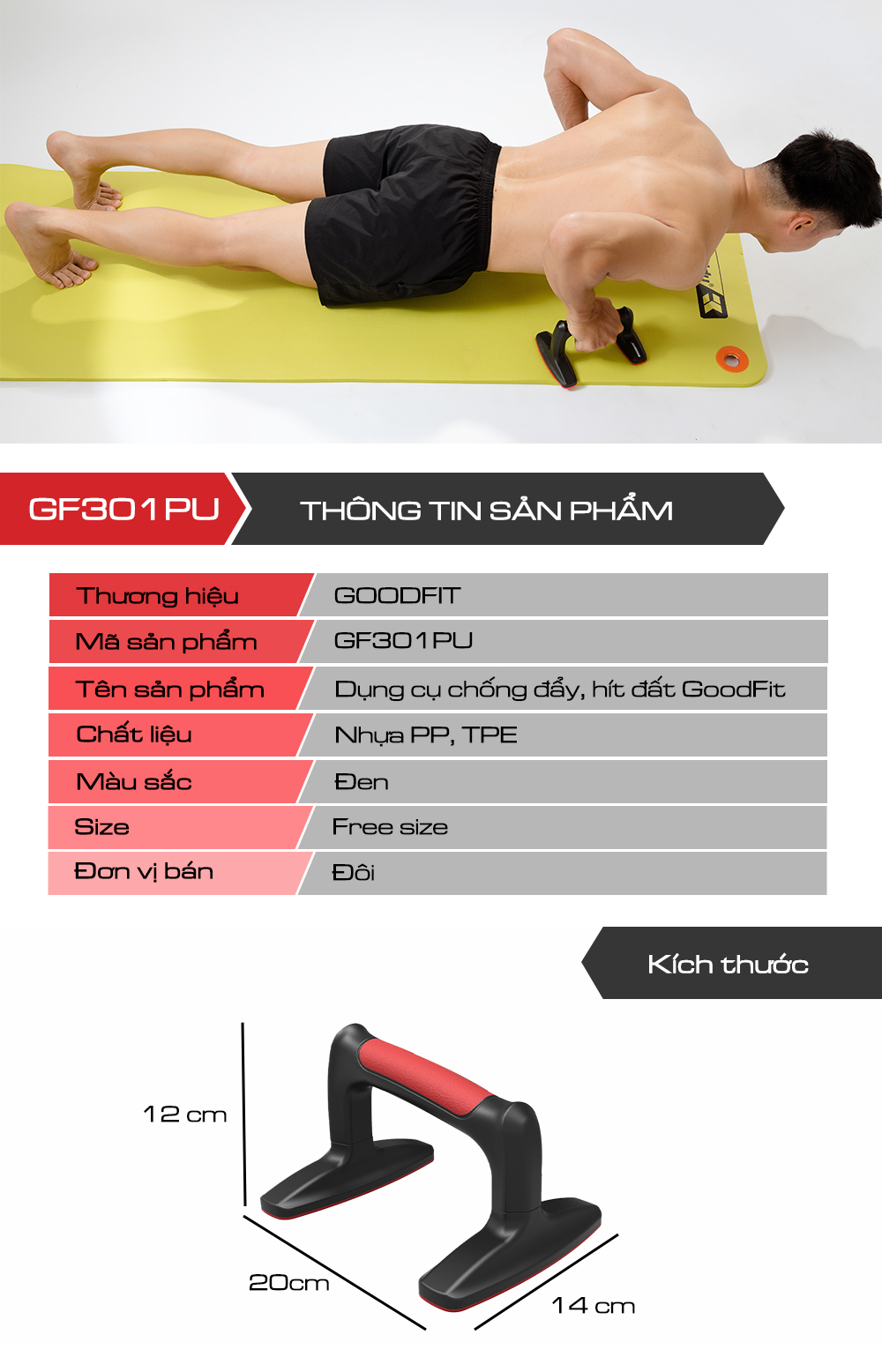 Mô tả Dụng cụ chống đẩy hít đất tập luyện tại nhà GoodFit để bám chống trượt, chịu lực 300kg GF301PU - 10