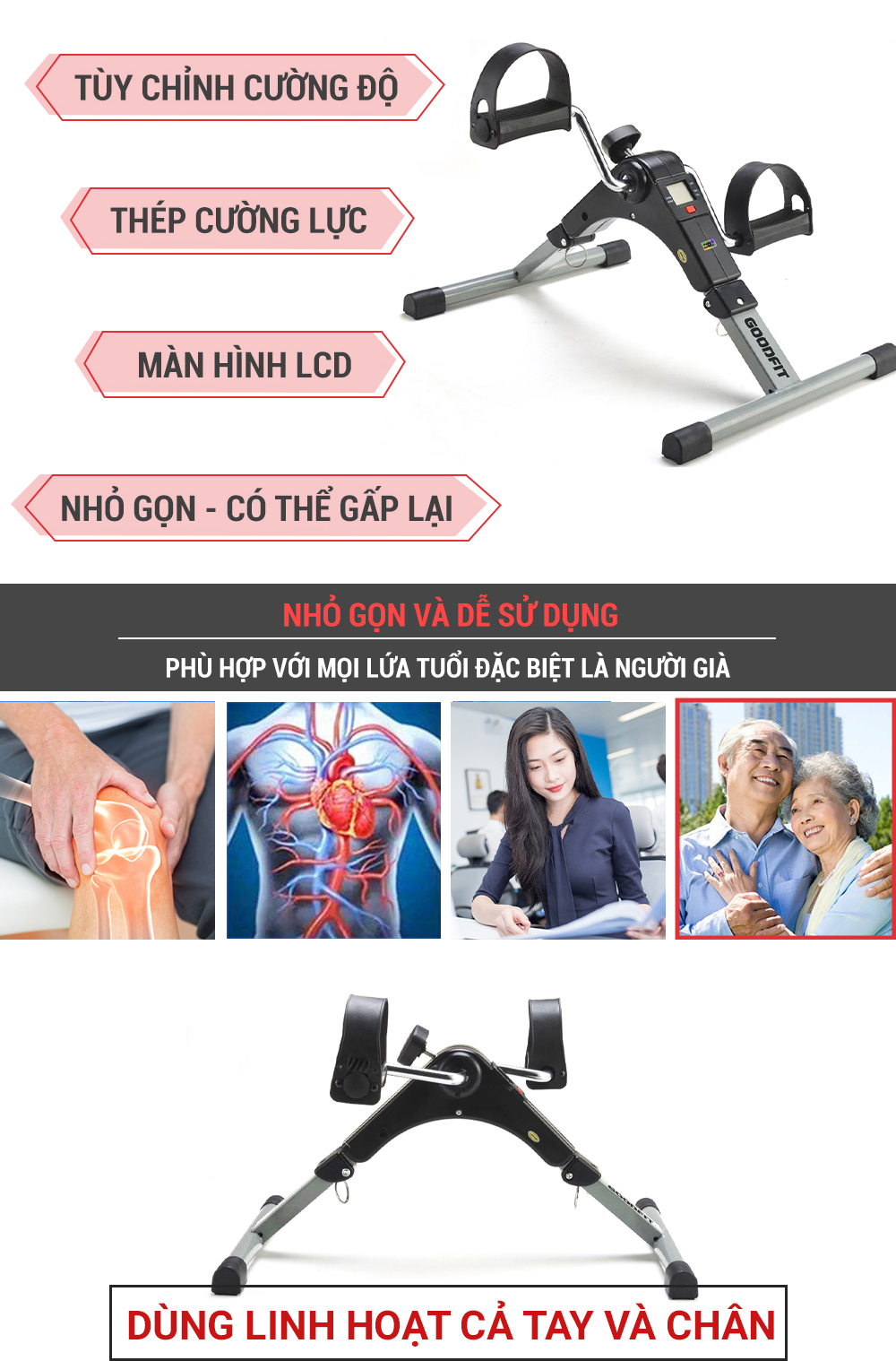Mô tả Xe đạp thể thao gấp gọn mini GoodFit tùy chỉnh độ nặng, tập luyện thể dục tại nhà GF002MB - 3