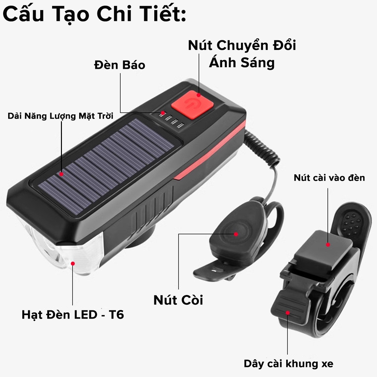 Mô tả Đèn Xe Đạp Sạc Năng Lượng Mặt Trời Cổng USB Đèn Còi Xe Đạp Chuông 5 Âm Thanh 3 Chế Độ Sáng Chính Hãng Amalife - 2