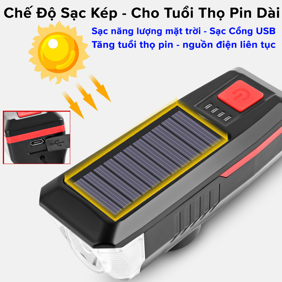 Mô tả Đèn Xe Đạp Sạc Năng Lượng Mặt Trời Cổng USB Đèn Còi Xe Đạp Chuông 5 Âm Thanh 3 Chế Độ Sáng Chính Hãng Amalife - 10