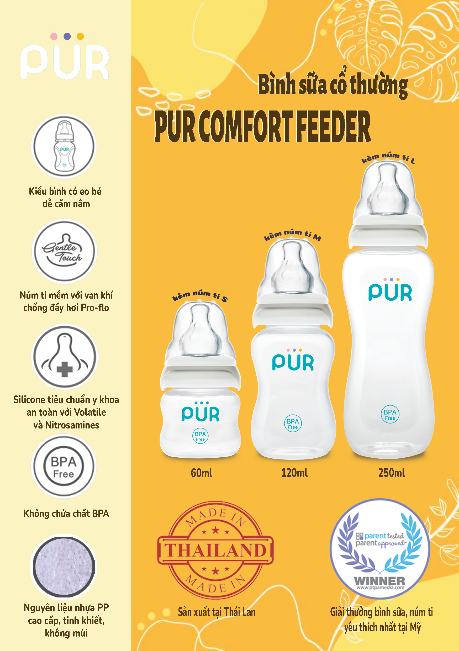 Mô tả Bình sữa Pur Comfort + núm mềm Advanced + khăn 20 tờ - 2