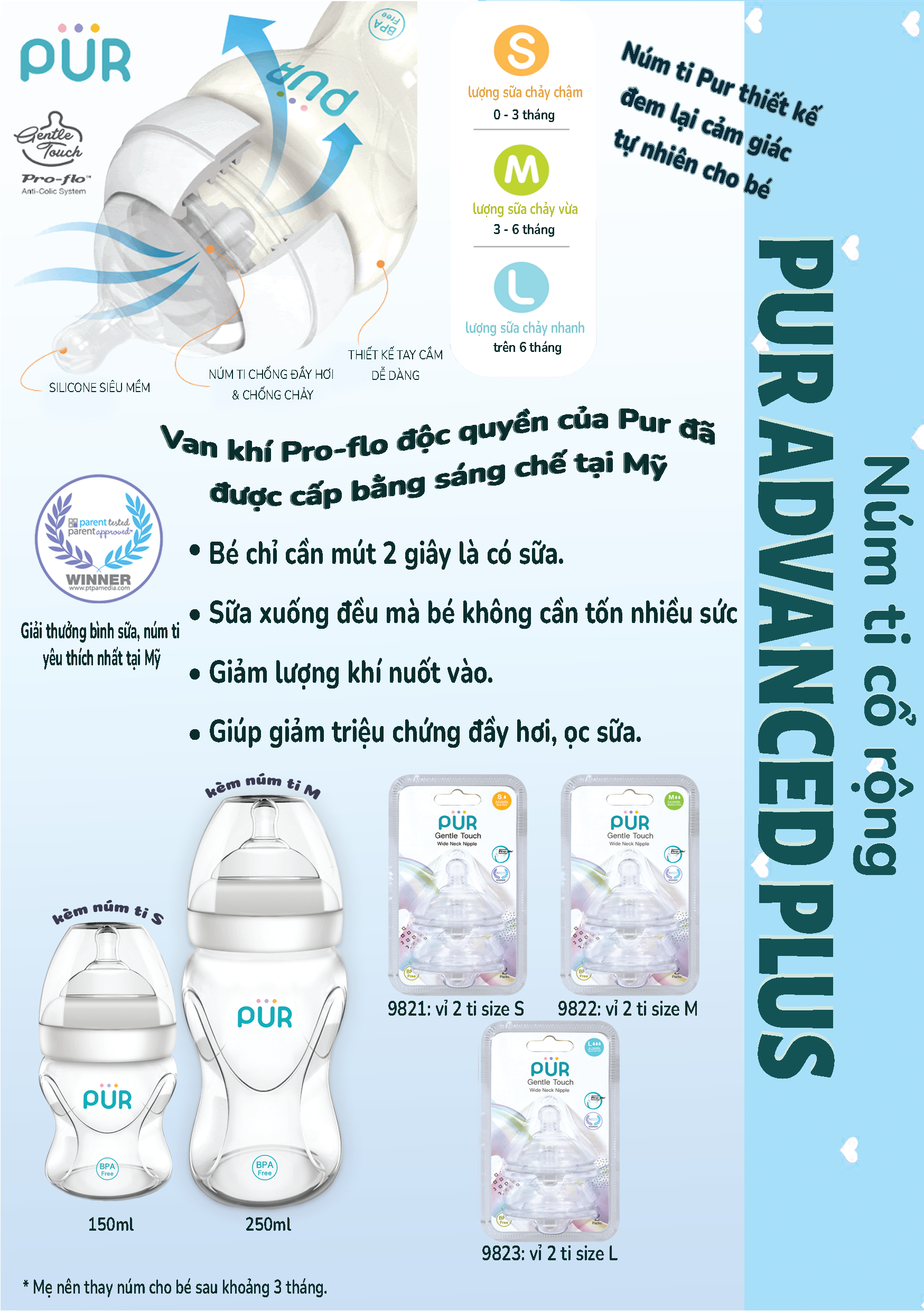 Mô tả Bình sữa cổ rộng Pur Advanced Plus 150ml, có sẵn 1 núm size S (0-3th) trong bình - 2