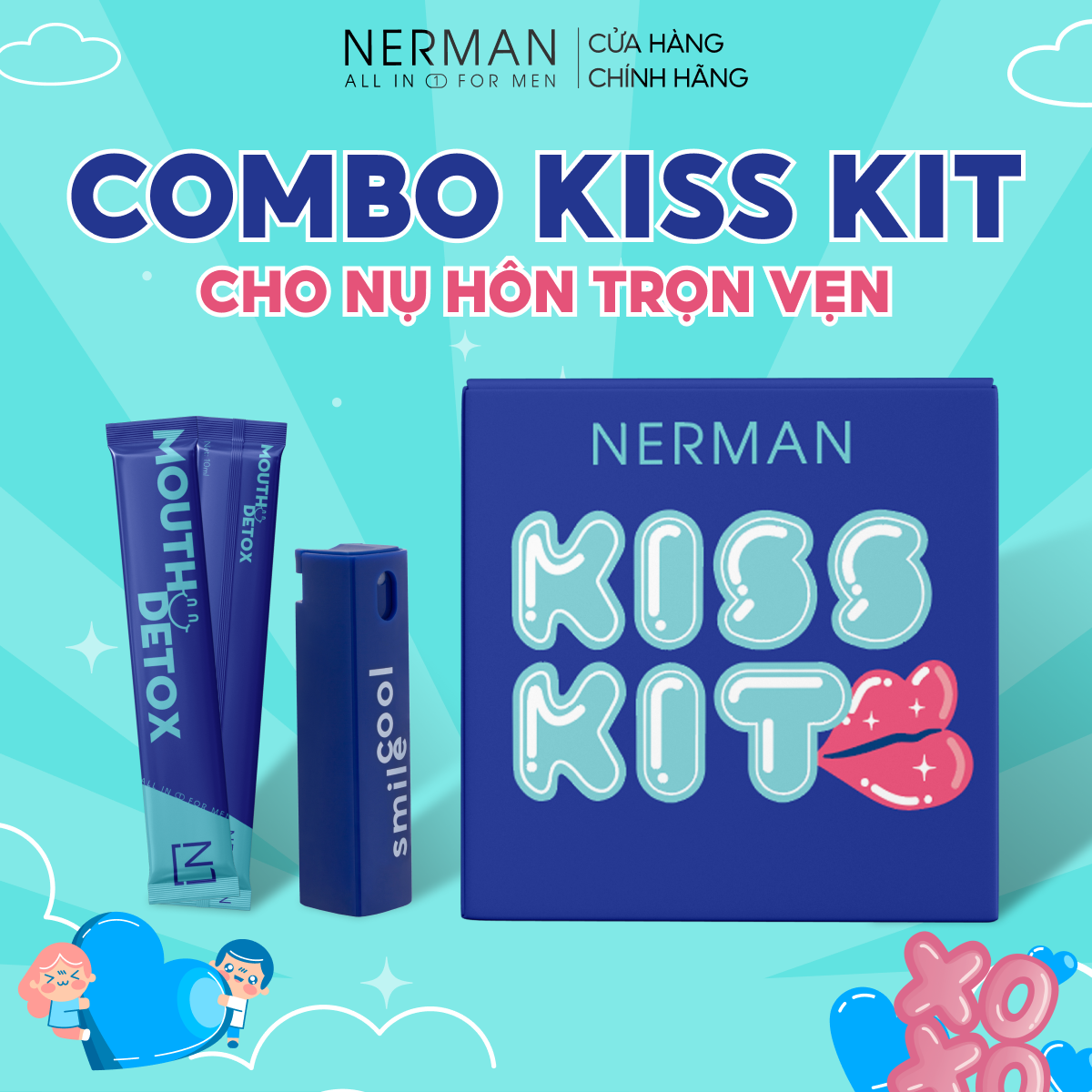 Mô tả Combo Kiss Kit Nerman-Xịt thơm miệng Spray&Kiss 10ml&10Gói Nước súc miệng Mouth Detox 10ml/gói-TẶNG 1 CẨM NANG TẬP HÔN - 1