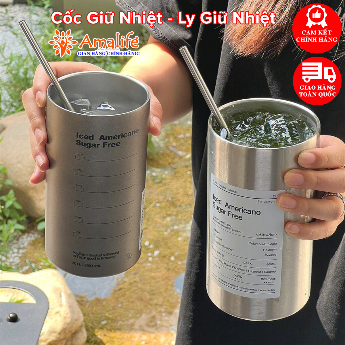 Mô tả Cốc Ly Giữ Nhiệt 350-600ml Có Ống Hút Inox 304 – Bình Nước Giữ Nhiệt Iced Americano Cà Phê Văn Phòng Chính Hãng Amalife - 1