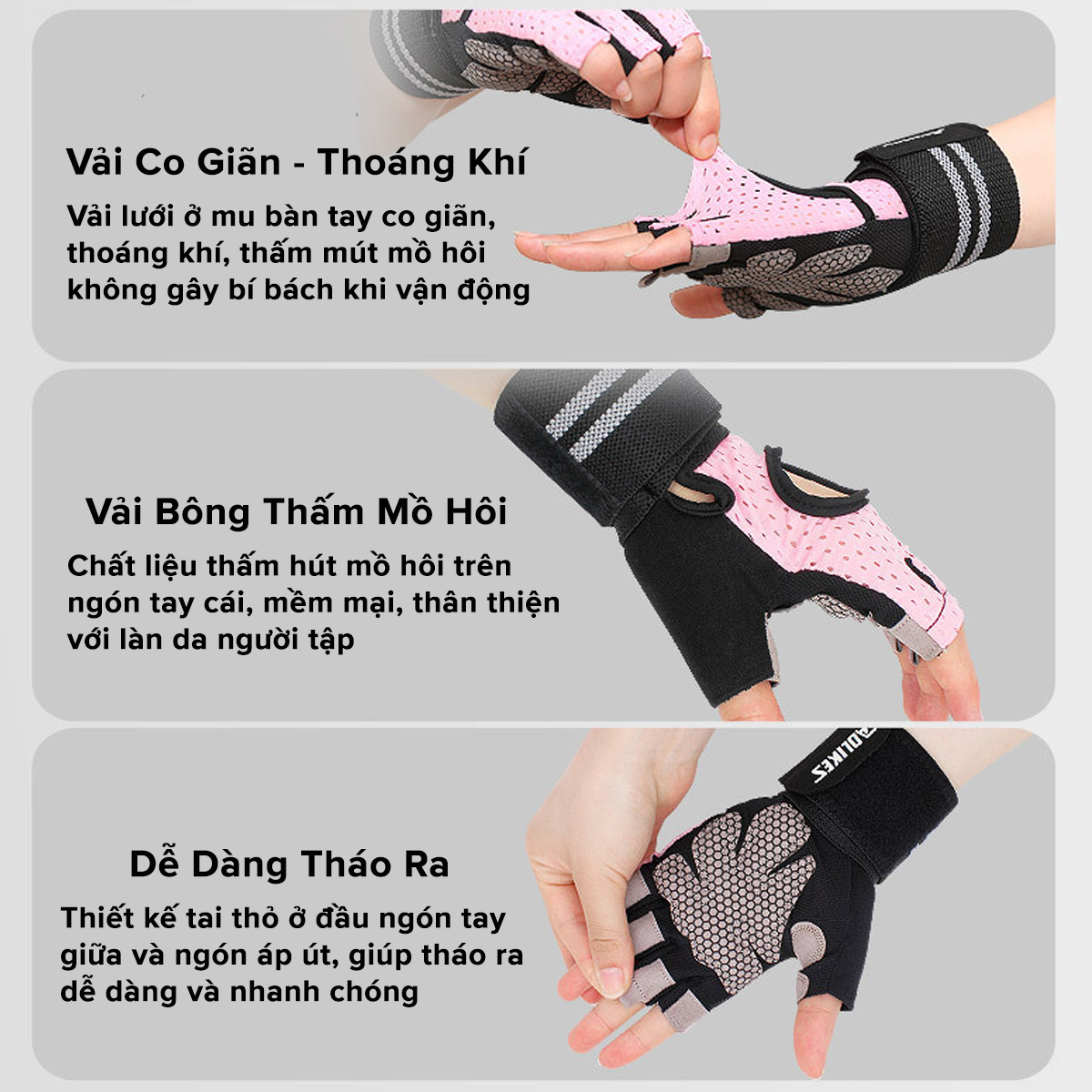 Mô tả Găng Tay Nửa Ngón Tập Gym, Tập Tạ Tích Hợp Quấn Cổ Tay Bảo Vệ Cổ Tay Chính Hãng Aolikes AL113 (1 Đôi) - 7