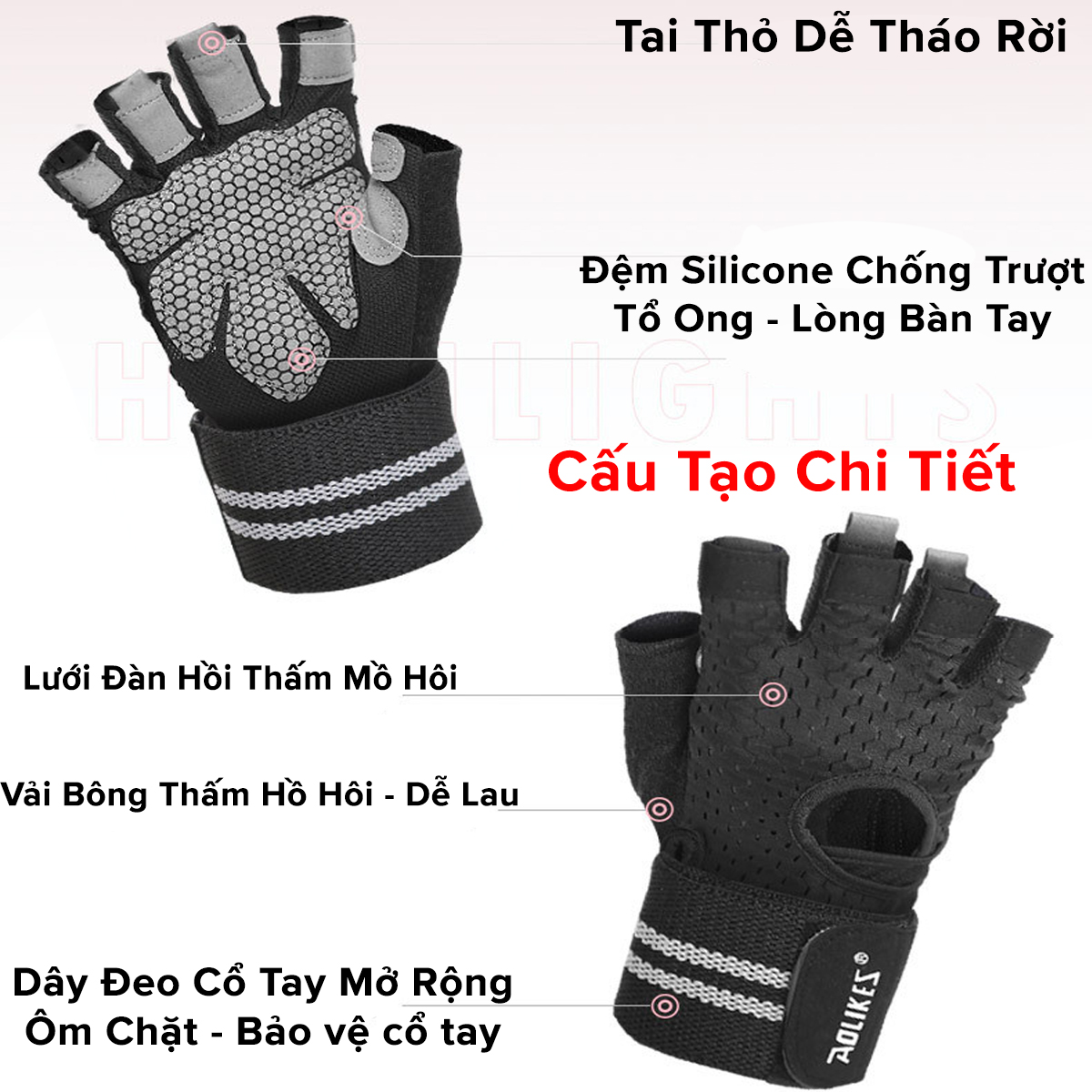 Mô tả Găng Tay Nửa Ngón Tập Gym, Tập Tạ Tích Hợp Quấn Cổ Tay Bảo Vệ Cổ Tay Chính Hãng Aolikes AL113 (1 Đôi) - 9