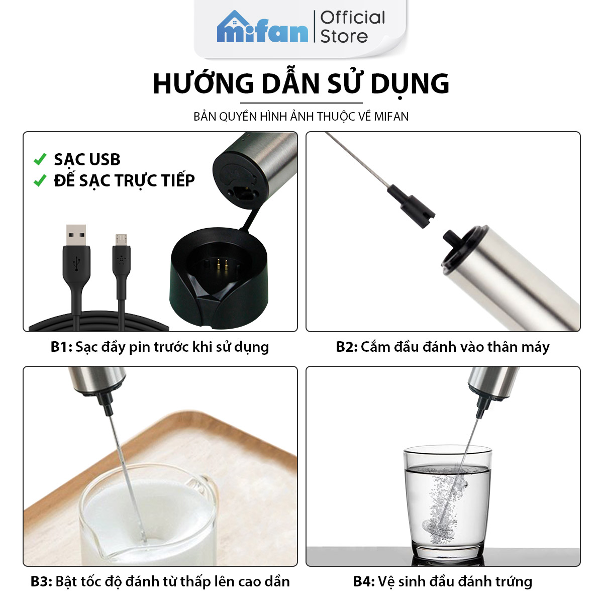 Mô tả Máy Đánh Bọt Cà Phê Microfoam Mifan MF1501G - 3 Đầu Đa Năng, Thép không gỉ, Đế sạc USB tiện lợi - Hàng Chính Hãng - 12