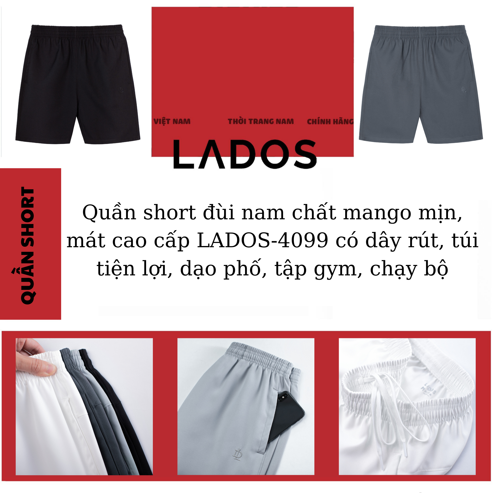 Mô tả Quần short đùi nam chất mango mịn, mát cao cấp LADOS-4099 có dây rút, túi tiện lợi, dạo phố, tập gym, chạy bộ - 1