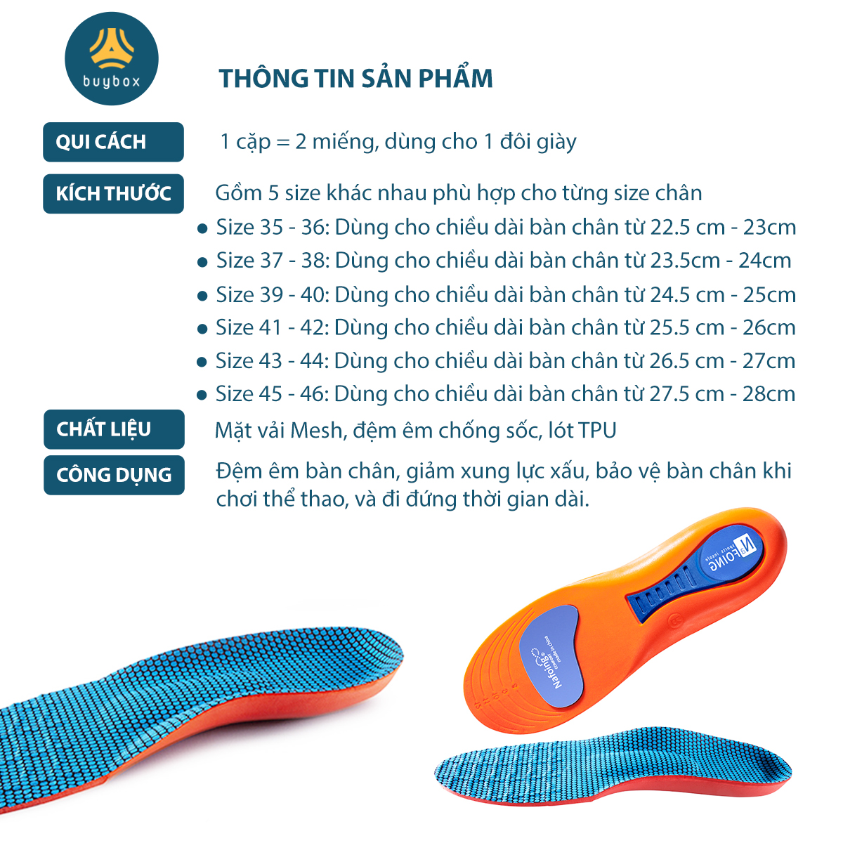 Mô tả Lót giày nam nữ êm chân chất liệu vải mesh thoáng khí, kết hợp ốpTPU chống thốn - buybox - BBPK363 - 12