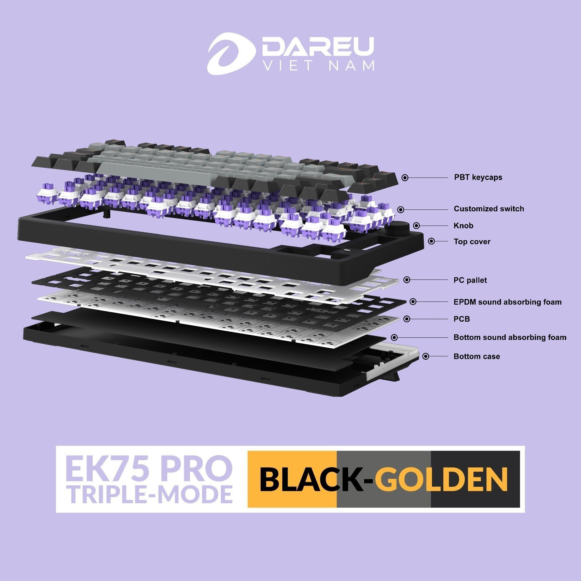 Mô tả Bàn phím cơ không dây DAREU EK75 PRO BLACK GOLDEN (Hotswap,Pin:3750mAh,Triple Mode,Gasket Mount,RGB) - 4