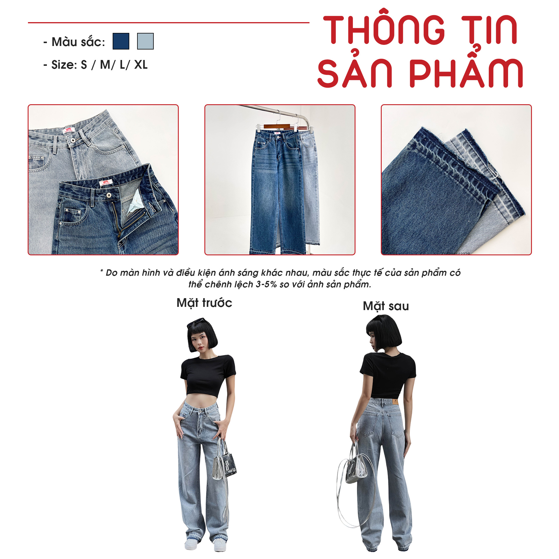 Mô tả Quần jean ống rộng nữ VMSTYLE trơn cạp cao lai kiểu lua tua basic cá tính năng động đi chơi 420 - QJR00142 - 2