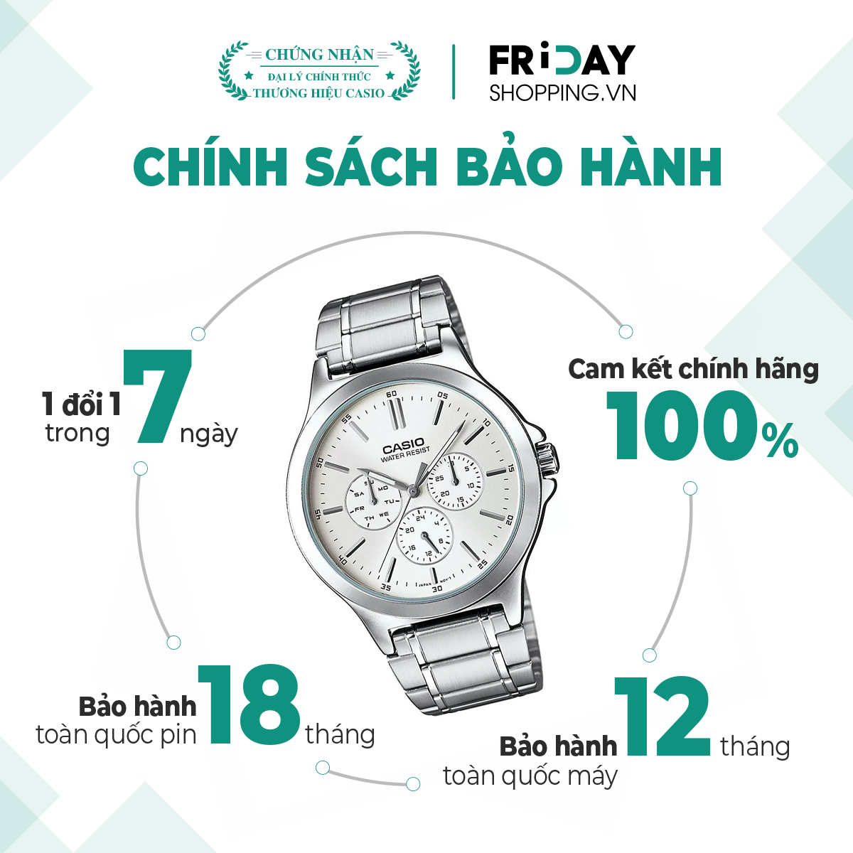 Mô tả Đồng Hồ Casio Nam MTP-V300D-7AUDF Mặt Tròn Màu Trắng Dây Kim Loại Chính Hãng - 1