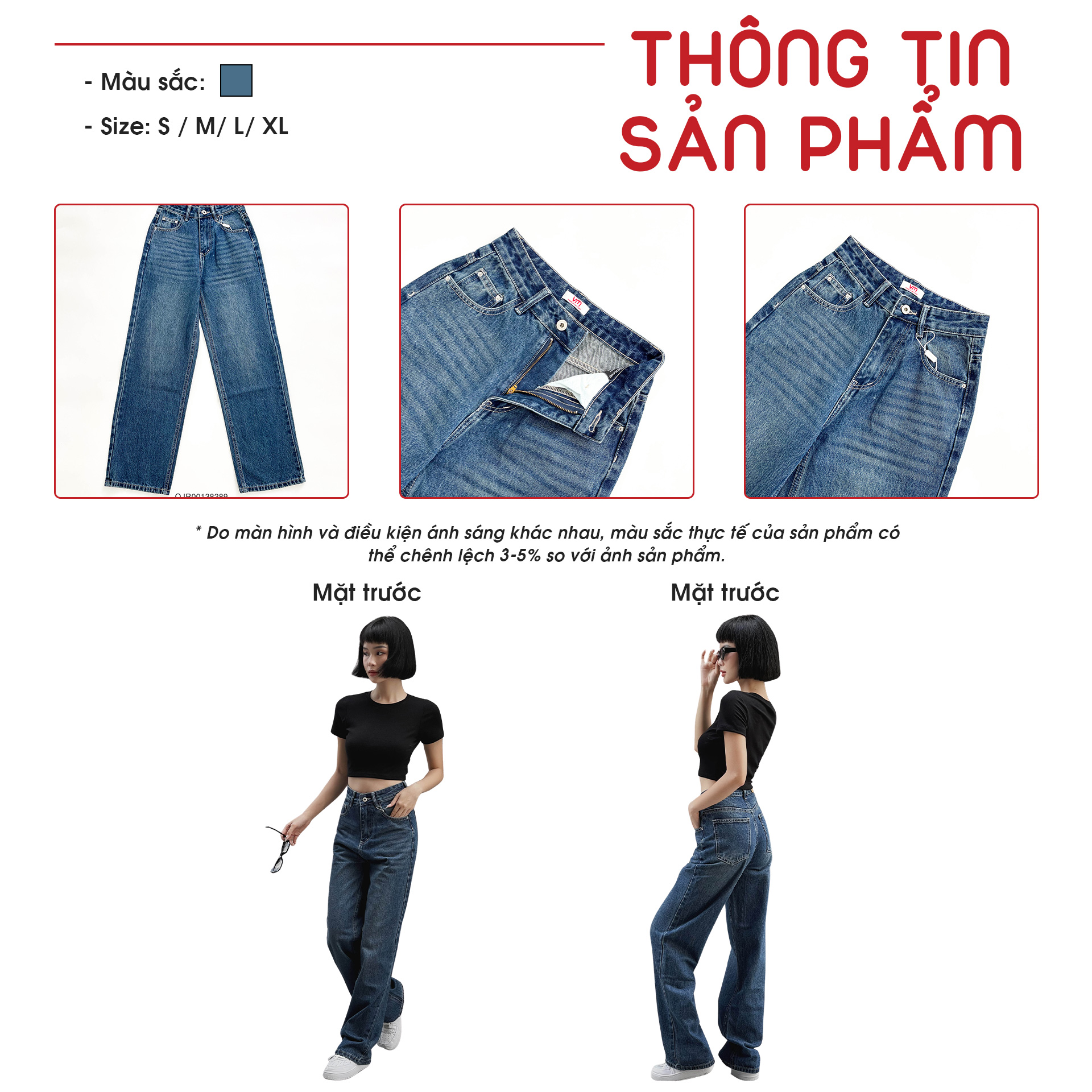 Mô tả Quần jean ống rộng nữ VMSTYLE trơn lai thường cạp cao basic năng động đi học, đi chơi 407 - QJR00138 - 2