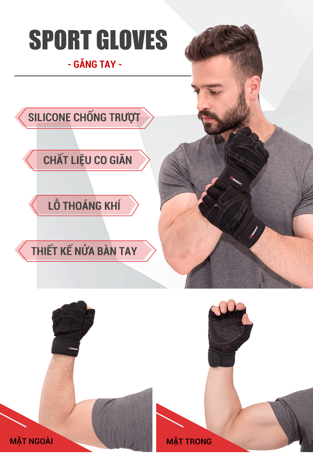 Mô tả Găng tay tập gym nữ/nam hở ngón, bao tay tập Gym nữ/nam có quấn trợ lực cổ tay, đệm Silicone chống trượt GoodFit GF201G - 2