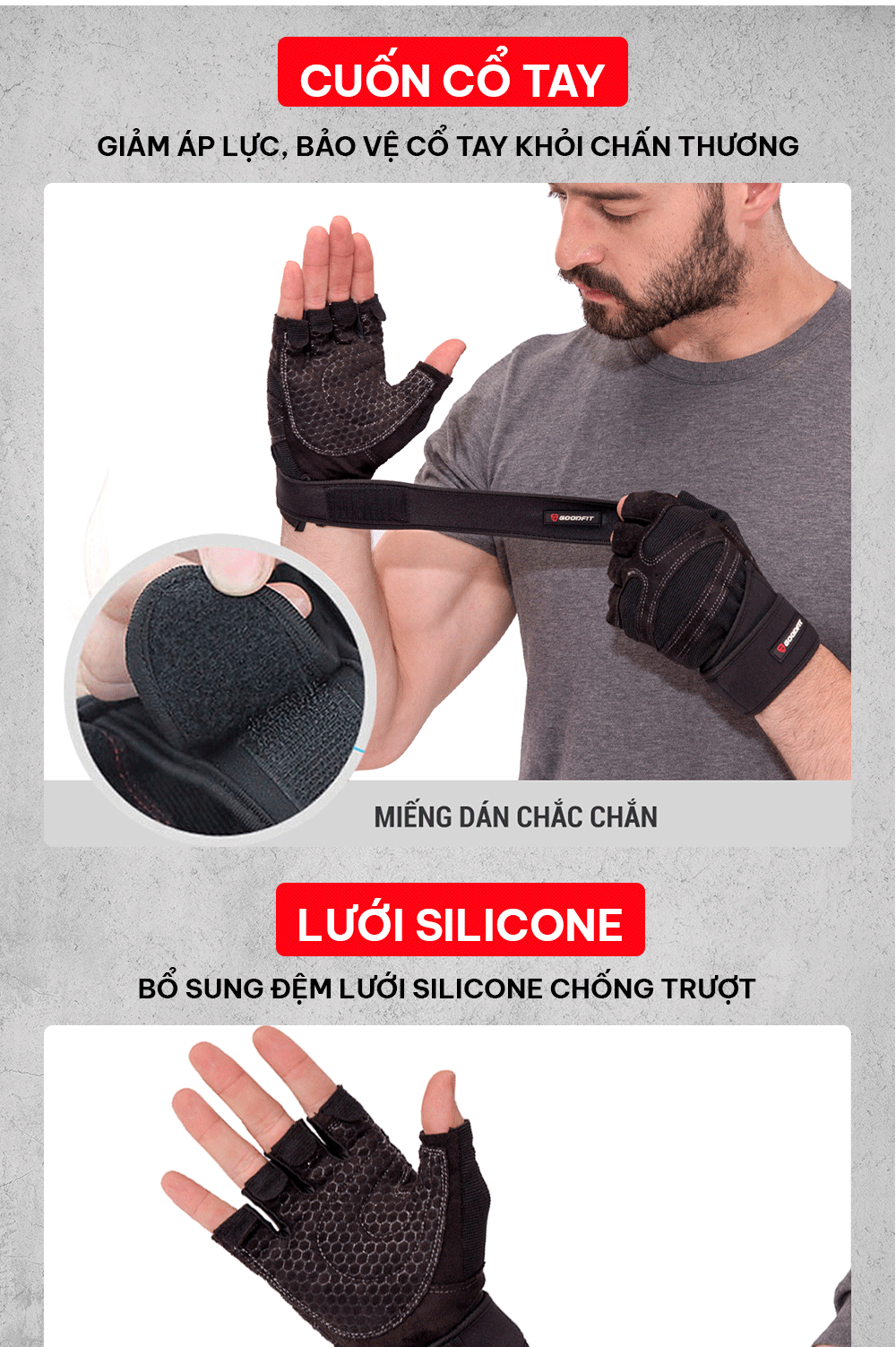 Mô tả Găng tay tập gym nữ/nam hở ngón, bao tay tập Gym nữ/nam có quấn trợ lực cổ tay, đệm Silicone chống trượt GoodFit GF201G - 3