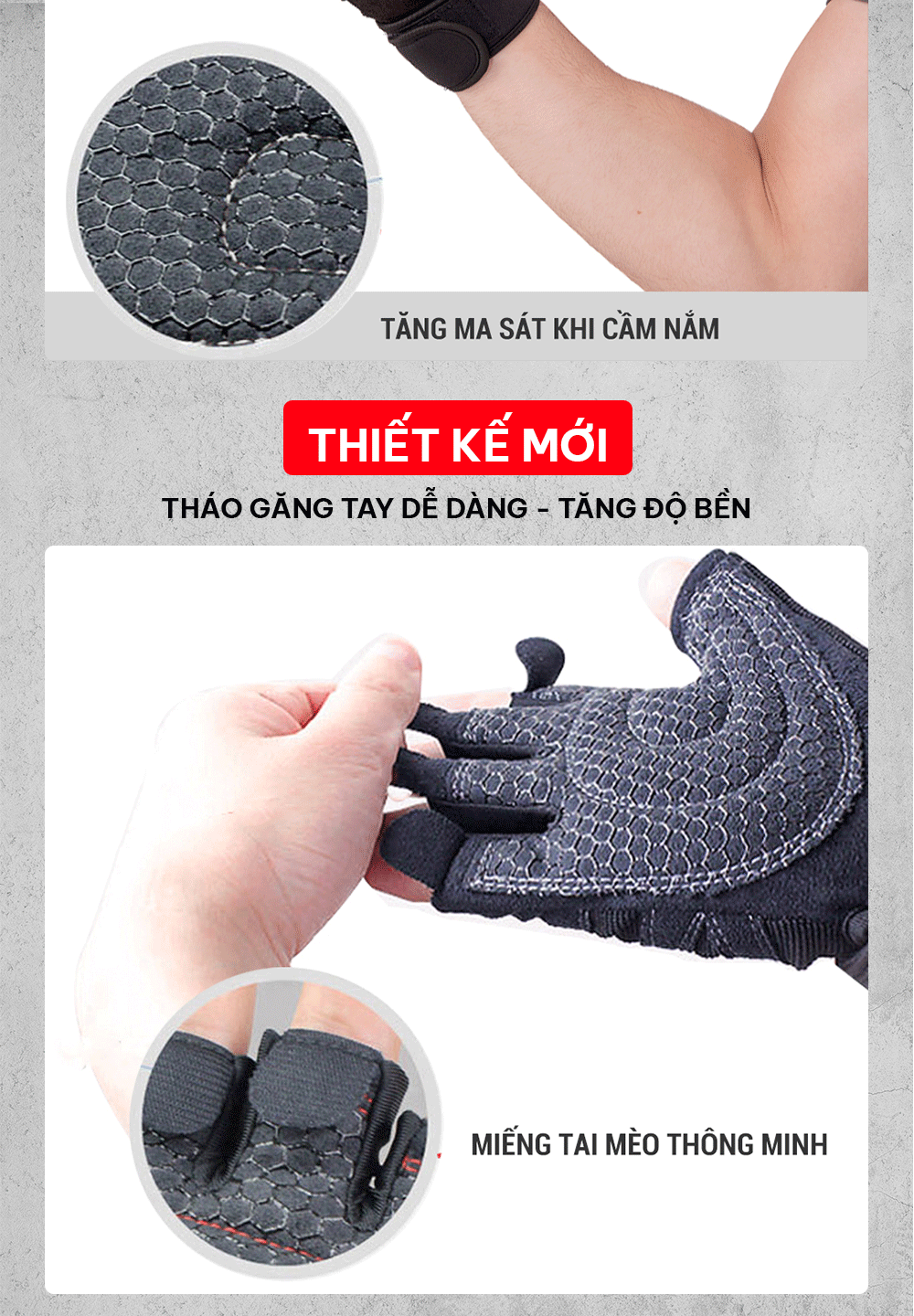 Mô tả Găng tay tập gym nữ/nam hở ngón, bao tay tập Gym nữ/nam có quấn trợ lực cổ tay, đệm Silicone chống trượt GoodFit GF201G - 4