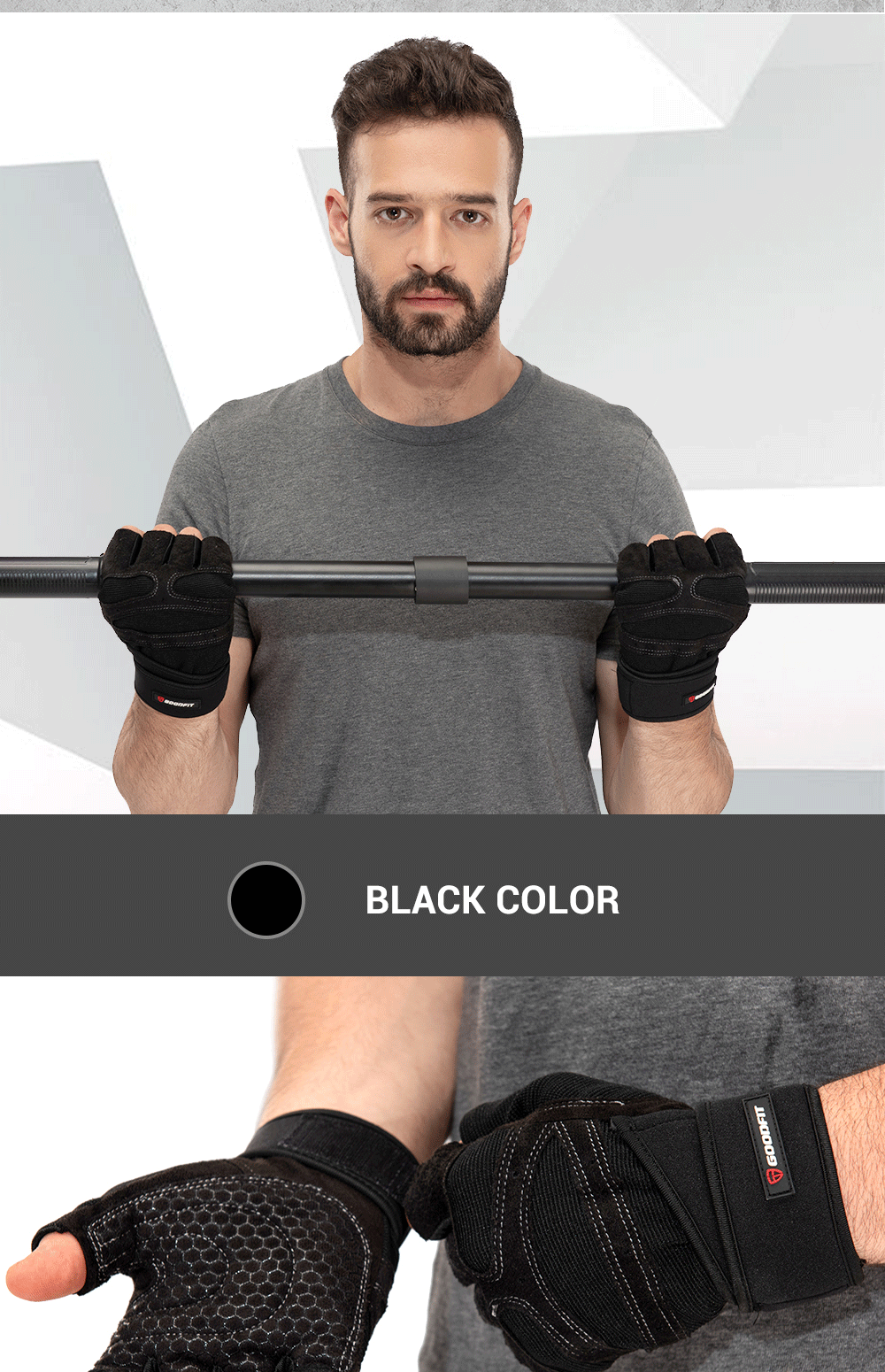 Mô tả Găng tay tập gym nữ/nam hở ngón, bao tay tập Gym nữ/nam có quấn trợ lực cổ tay, đệm Silicone chống trượt GoodFit GF201G - 5
