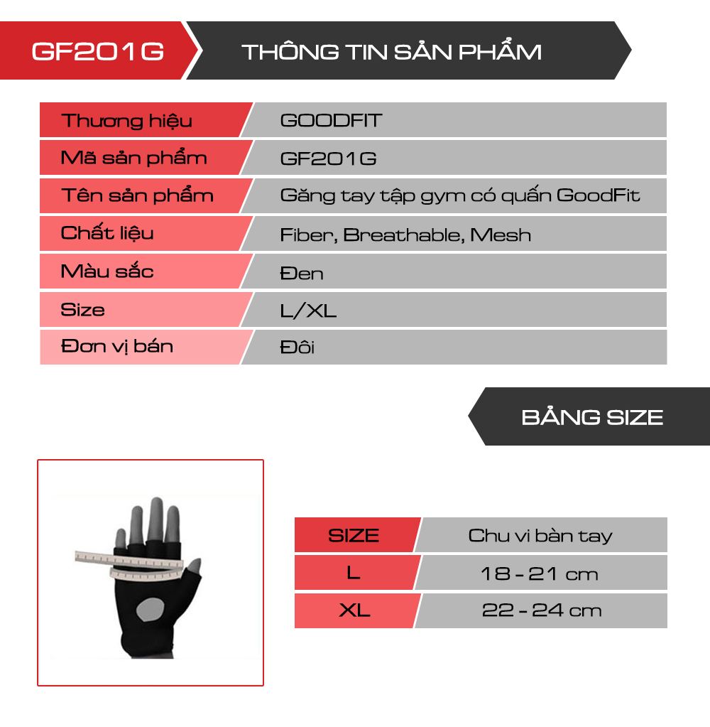 Mô tả Găng tay tập gym nữ/nam hở ngón, bao tay tập Gym nữ/nam có quấn trợ lực cổ tay, đệm Silicone chống trượt GoodFit GF201G - 8