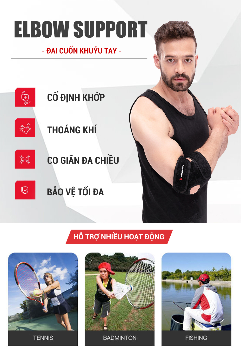 Mô tả Băng khuỷu tay GoodFit GF401E dạng dán, thoáng khí thoát mồ hôi nhanh - 2