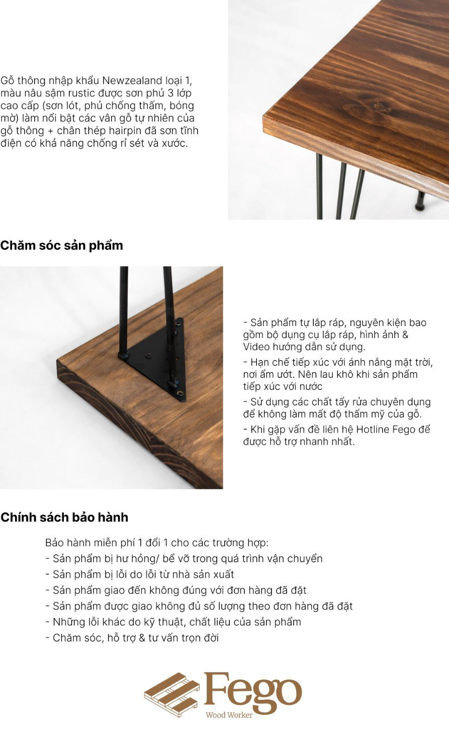 Mô tả Bàn làm việc bằng gỗ tự nhiên màu nâu sẫm rustic 140x70 chân sắt FEGO - 6