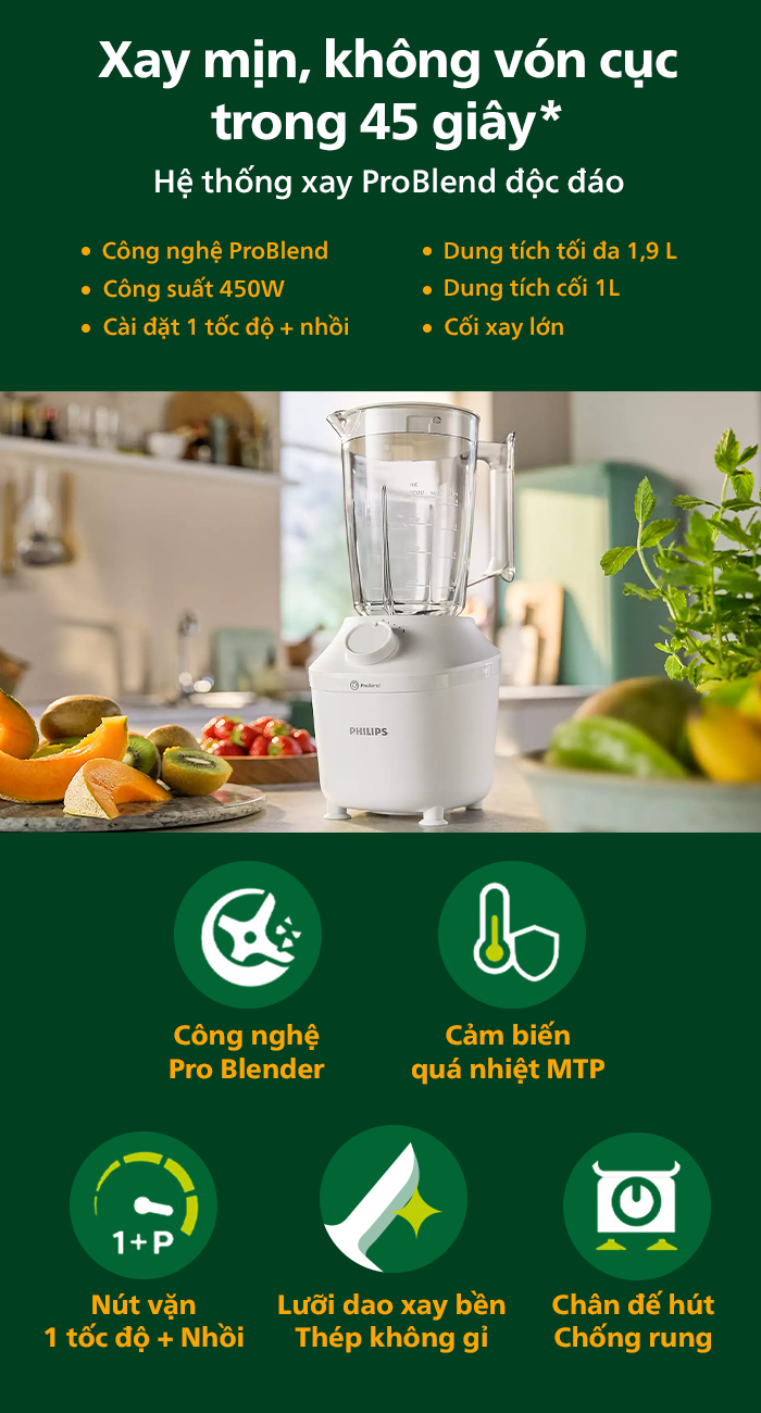 Mô tả Máy xay sinh tố PHILIPS HR2041 /10 | 450W |xay nhuyễn trong 45s - Hàng Chính Hãng - 1