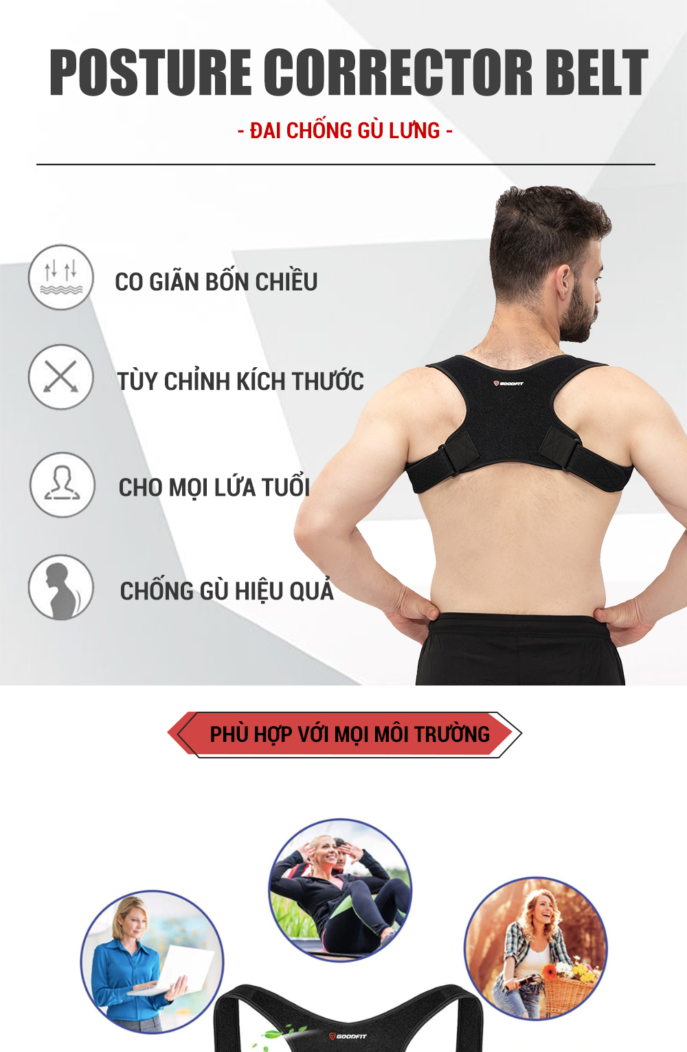 Mô tả Đai chống gù lưng nam, nữ chính hãng GoodFit đai định hình cơ thể chất liệu bền, thoáng khí GF711P - 2