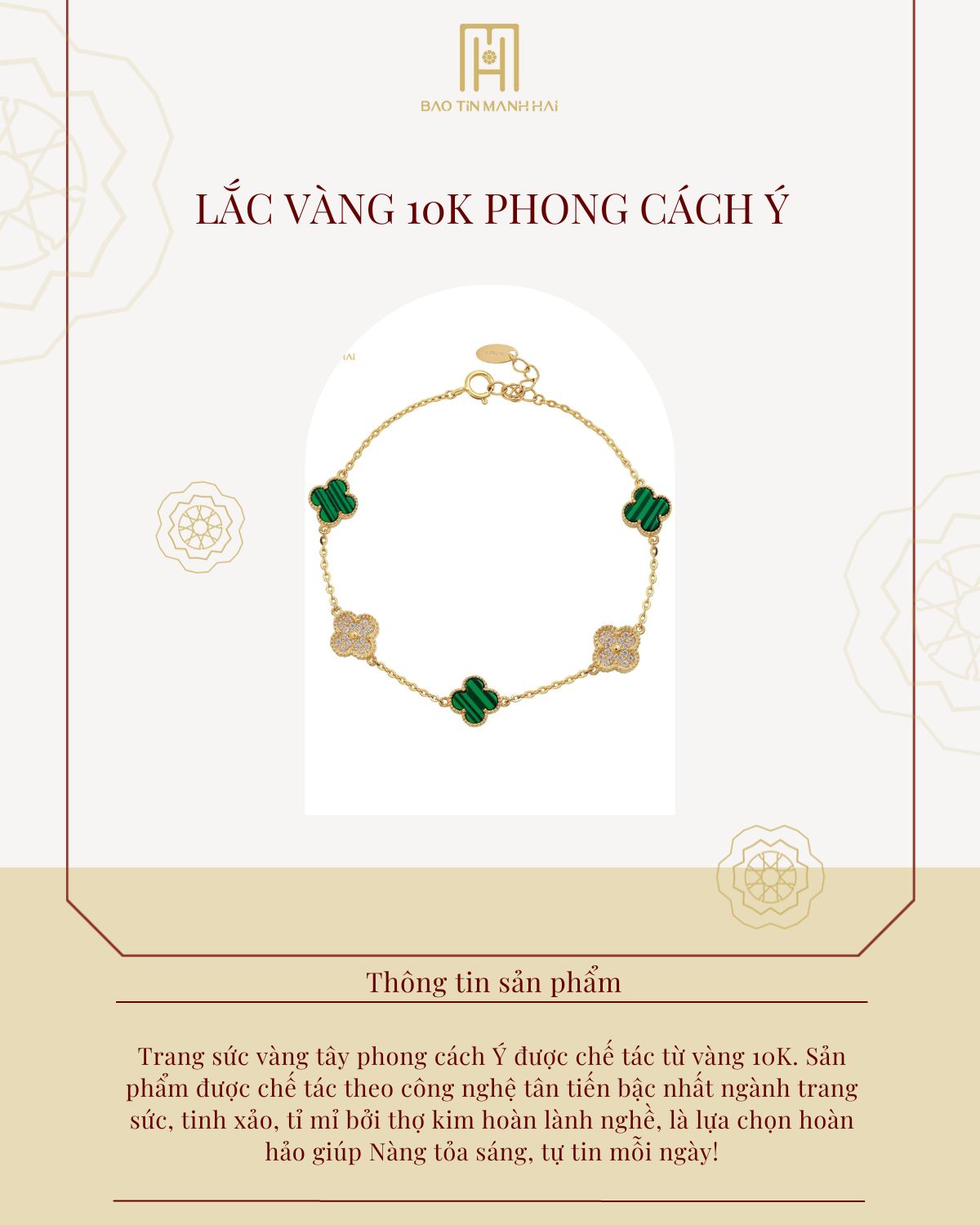 Mô tả Lắc tay vàng tây 10K cỏ 4 lá đá vân xanh phong cách Ý Bảo Tín Mạnh Hải PYLTV10KDH-206003 - 1