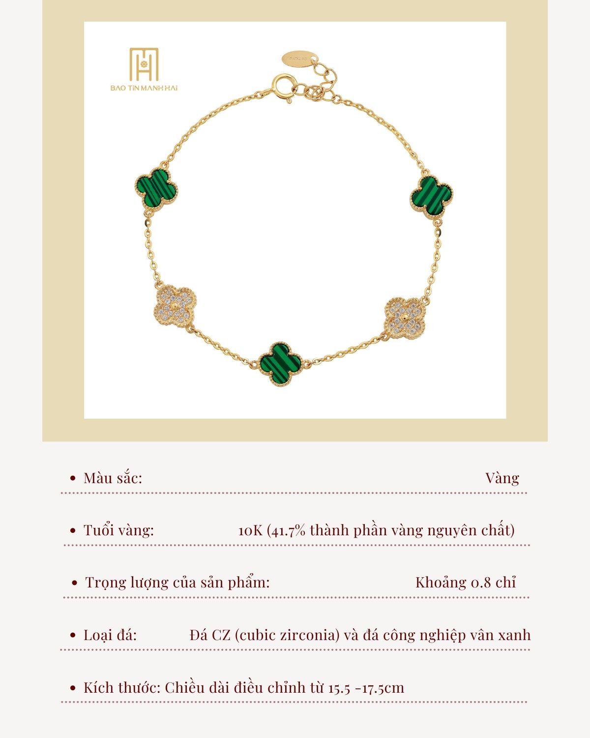 Mô tả Lắc tay vàng tây 10K cỏ 4 lá đá vân xanh phong cách Ý Bảo Tín Mạnh Hải PYLTV10KDH-206003 - 2