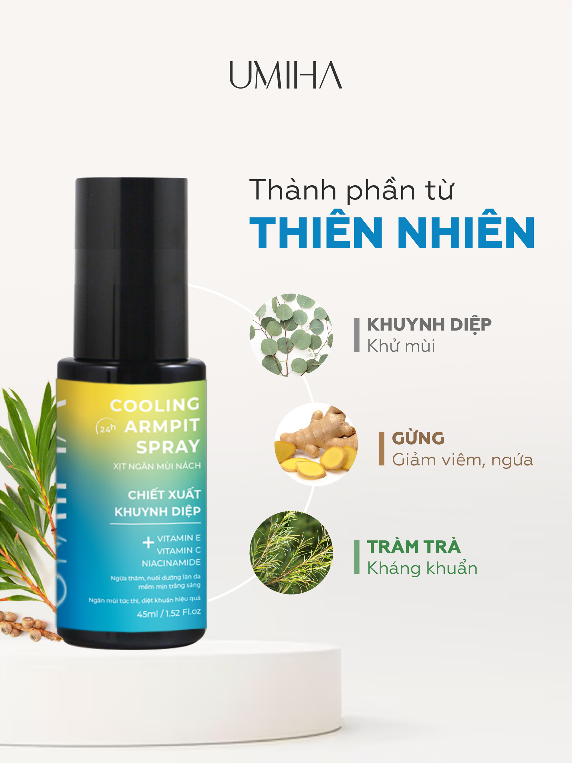 Mô tả Xịt khử mùi hôi nách UMIHA chiết xuất khuynh diệp (45ml)-Ngăn tiết mồ hôi, ức chế vi khuẩn gây mùi khử mùi hôi nách 24H - 1