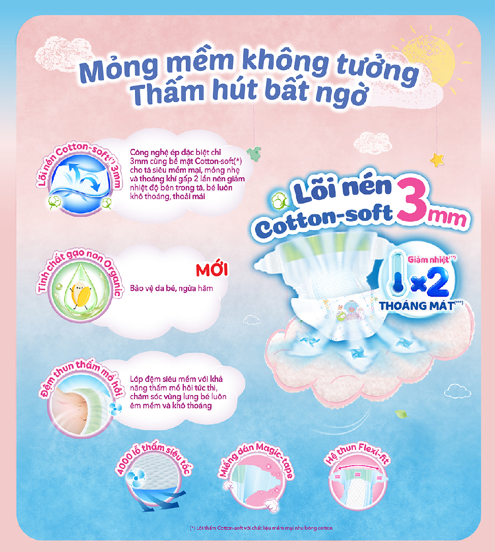 Mô tả Tã dán sơ sinh Bobby NB70/S54/M46 mới- Lõi nén cotton-soft 3mm - 1