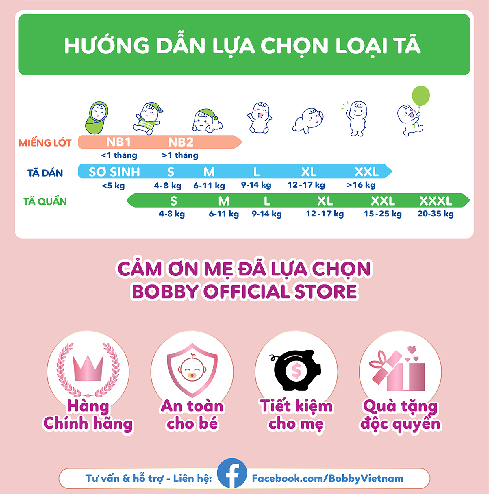 Mô tả Tã dán sơ sinh Bobby NB70/S54/M46 mới- Lõi nén cotton-soft 3mm - 3