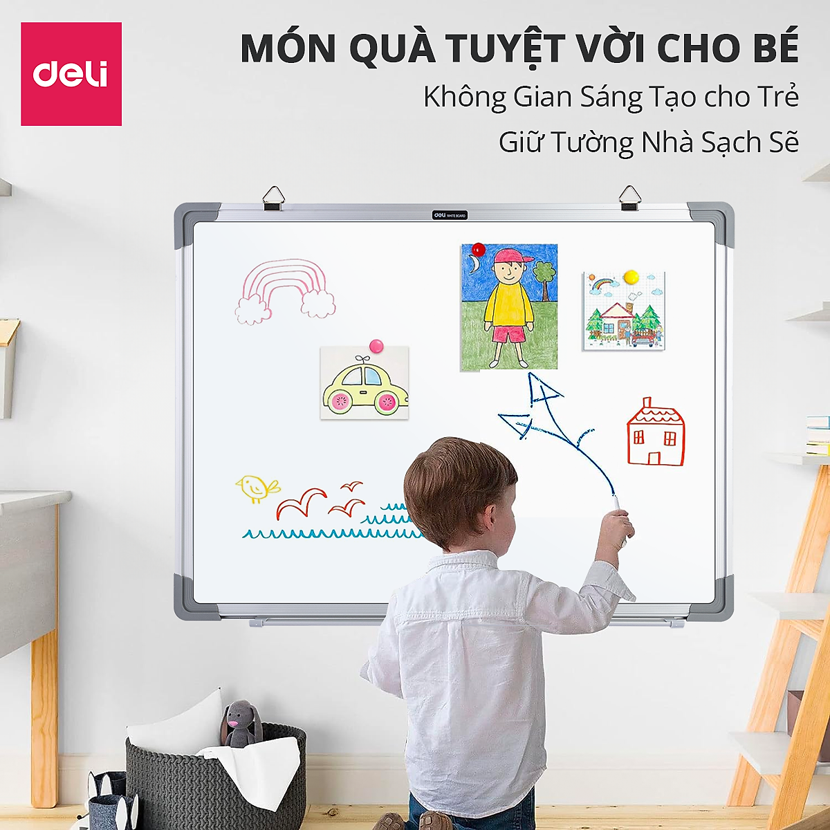 Mô tả Bảng Từ Trắng DELI Kích Thước 120x90 cm Bảng Mica Từ Tính Nam Châm Bảng Fooc Trắng, Móc Treo Tường - 5