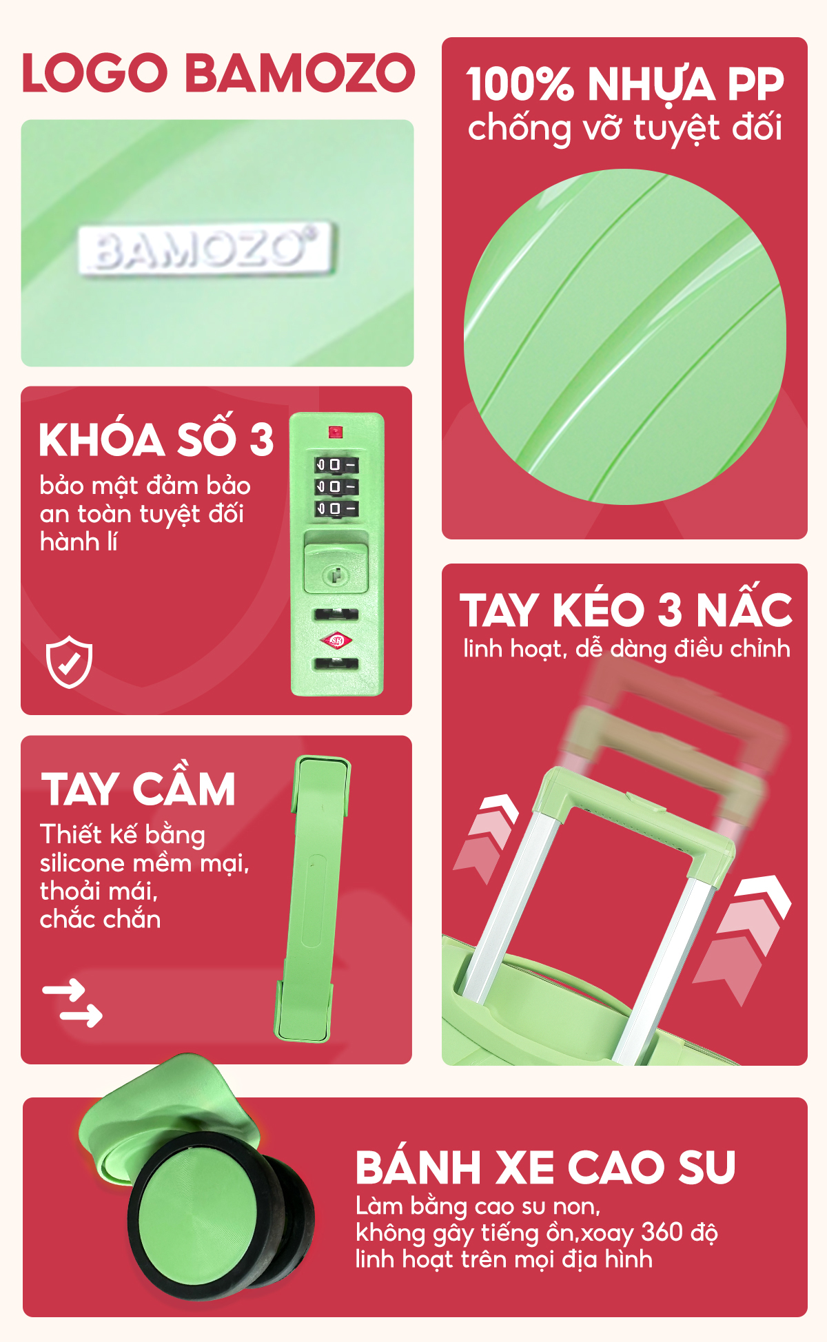 Mô tả Vali Kéo Du Lịch Bamozo Nancy Size 20/24/28 Nhựa PP Cao Cấp Chống Vỡ - Bảo Hành 5 Năm. - 3