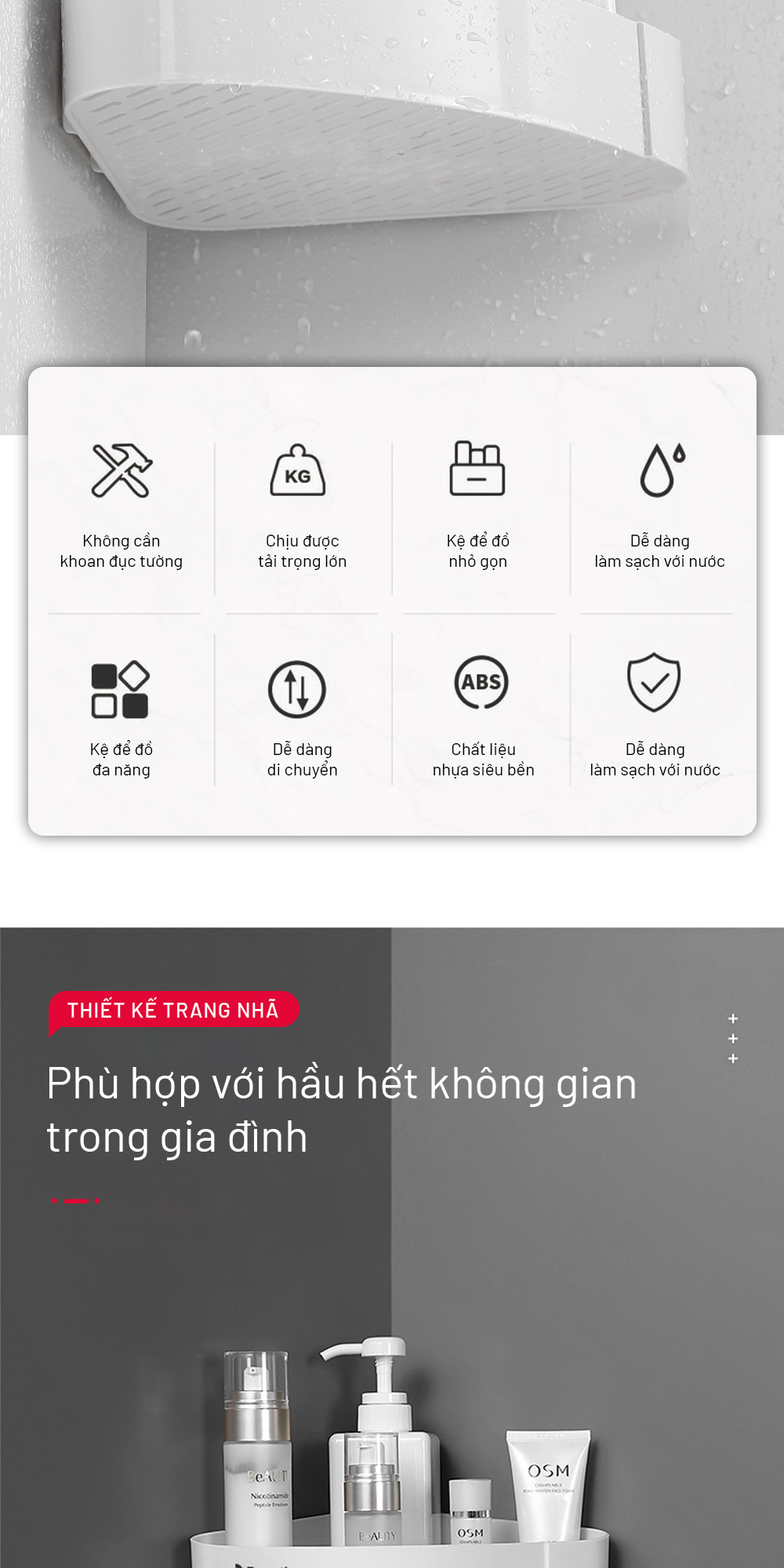 Mô tả Kệ góc nhà tắm để đồ đa năng, khay nhà bếp dán tường Parroti Trophy TP-G01 - 3