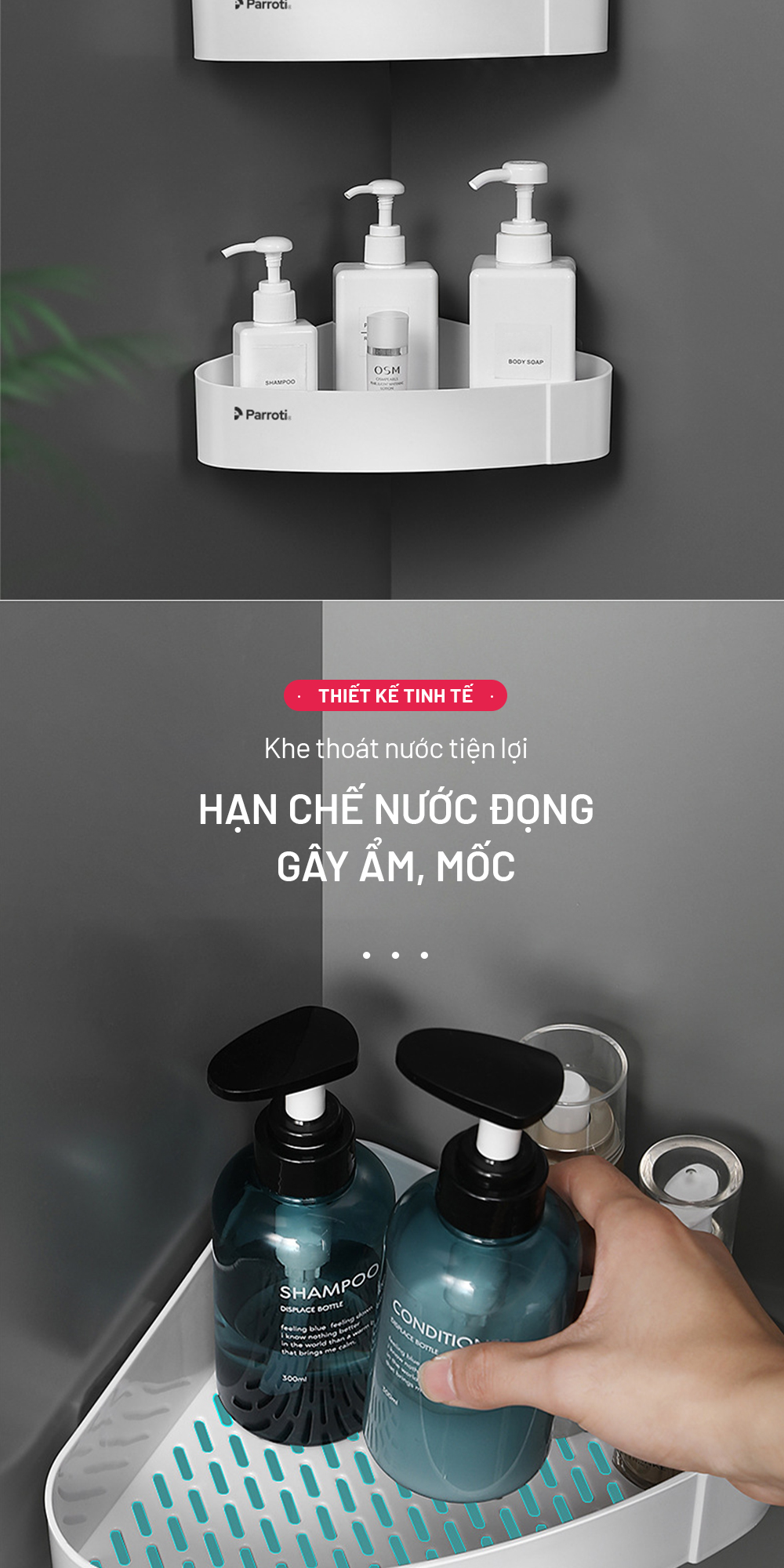 Mô tả Kệ góc nhà tắm để đồ đa năng, khay nhà bếp dán tường Parroti Trophy TP-G01 - 4