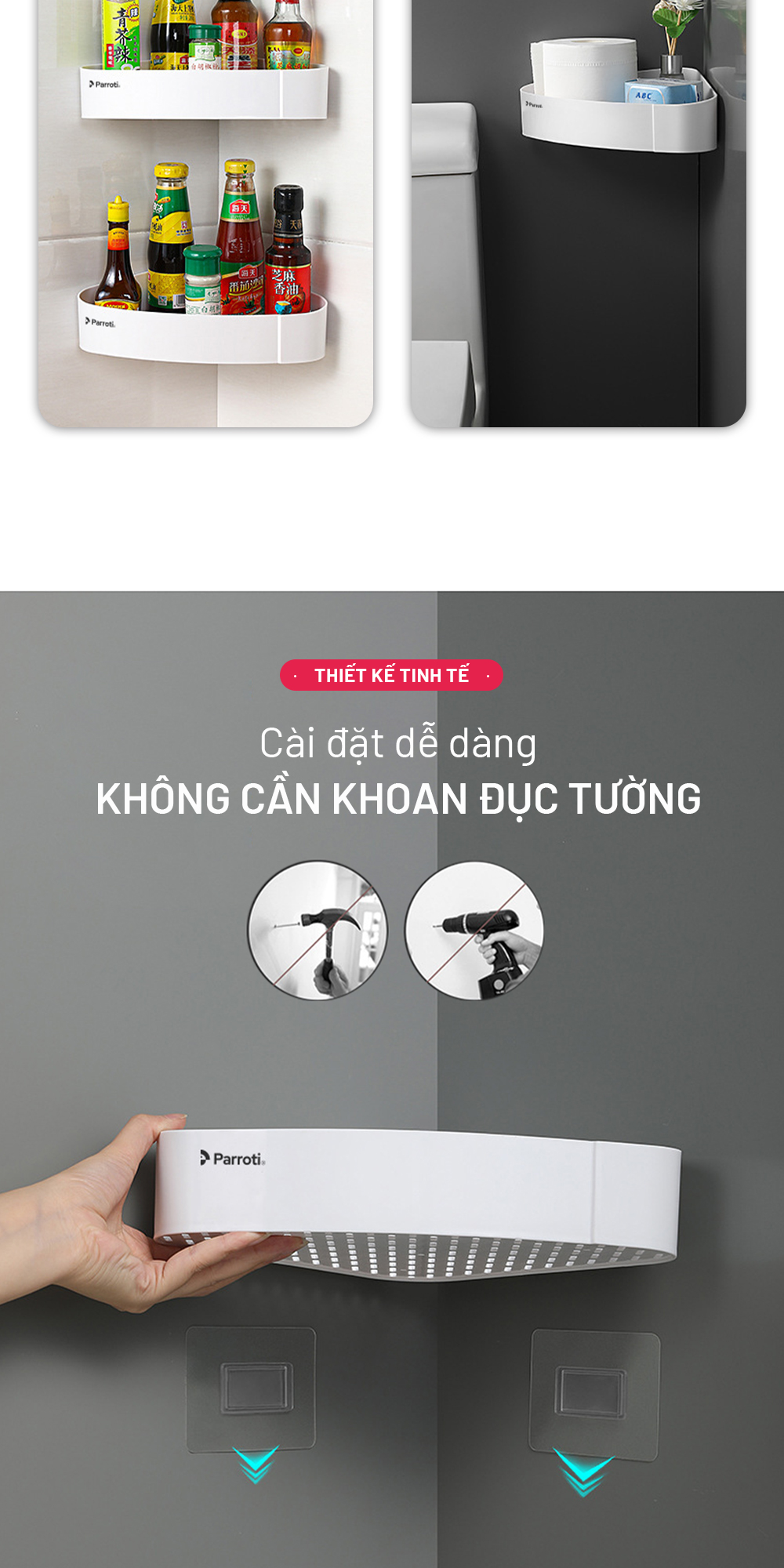Mô tả Kệ góc nhà tắm để đồ đa năng, khay nhà bếp dán tường Parroti Trophy TP-G01 - 6