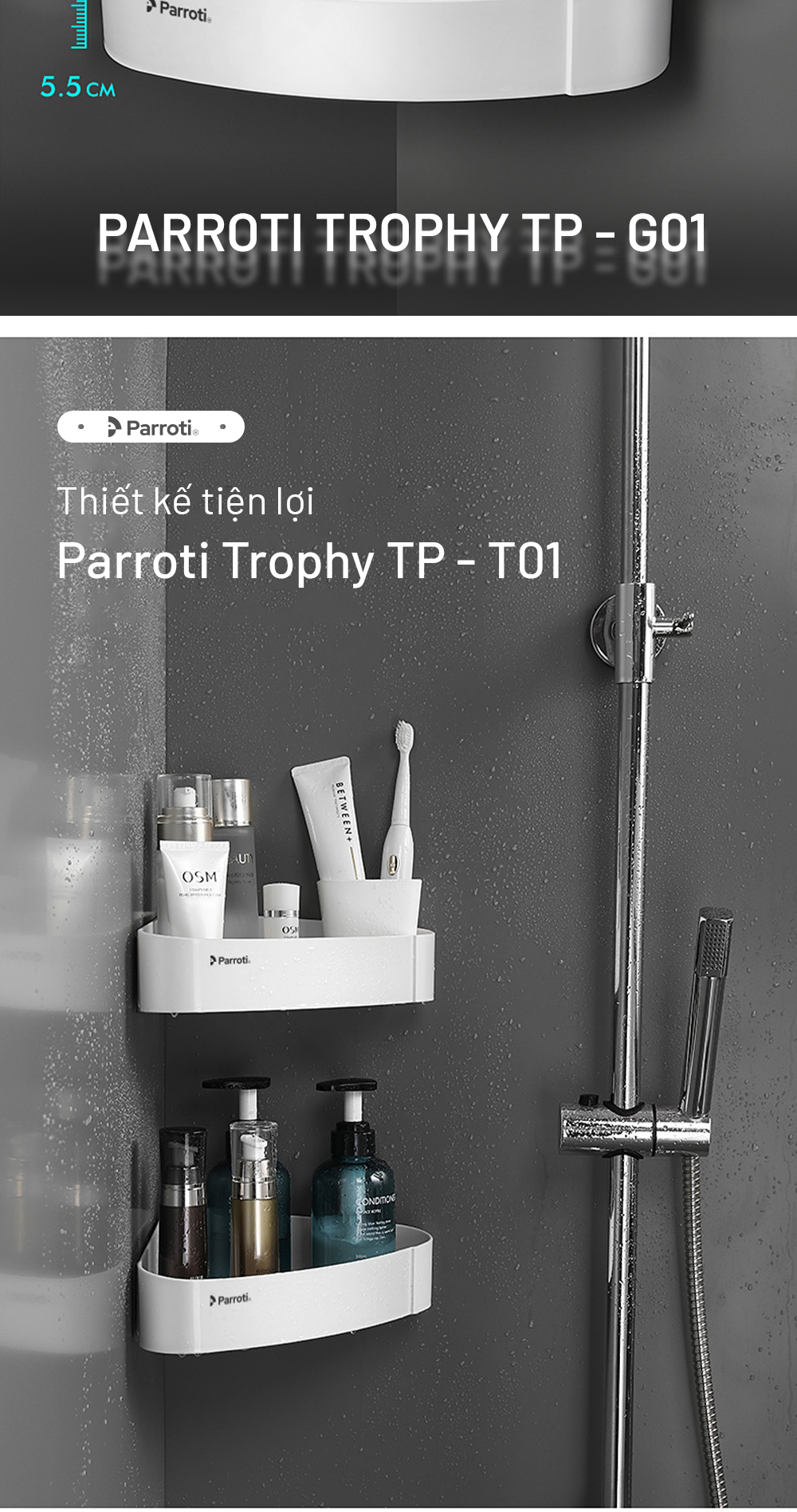 Mô tả Kệ góc nhà tắm để đồ đa năng, khay nhà bếp dán tường Parroti Trophy TP-G01 - 9