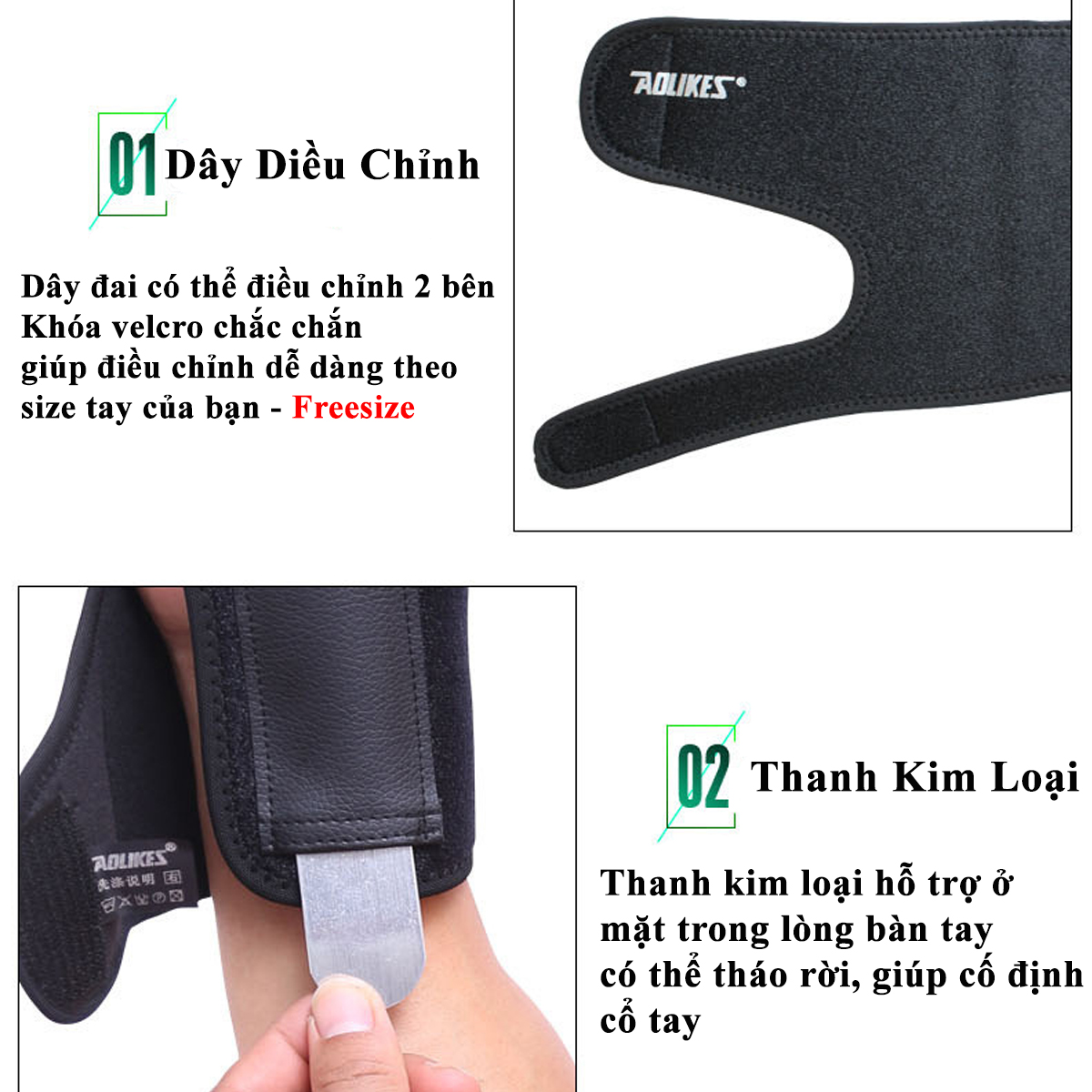 Mô tả Đai Nẹp Cố Định Khớp Cổ Tay Freesize AL1676 Có Thanh Thép Nẹp Dưới Lòng Bàn TayChính Hãng Aolikes Hỗ Trợ Bong Gân - 6