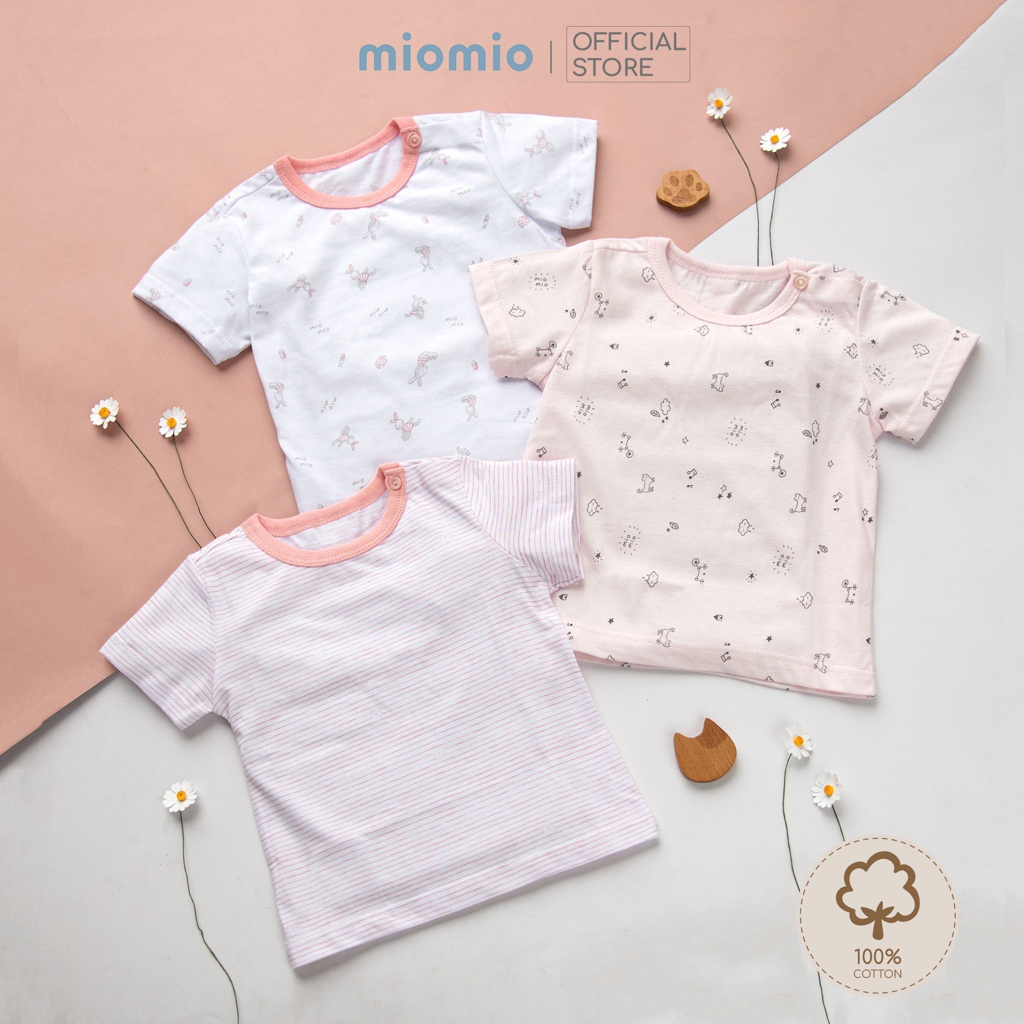 Mô tả Combo 3 Áo Tay Cộc Nút Vai MIOMIO Vải Cotton Cho Bé Trai,Gái, Họa tiết Thỏ,Sọc,MèoMây (Từ 0-24 Tháng)Thoáng Mát Dễ Chịu - 1