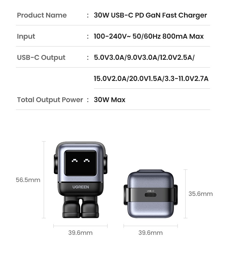 Bộ sạc nhanh Robot GaN Nexode 30W Ugreen CD359
