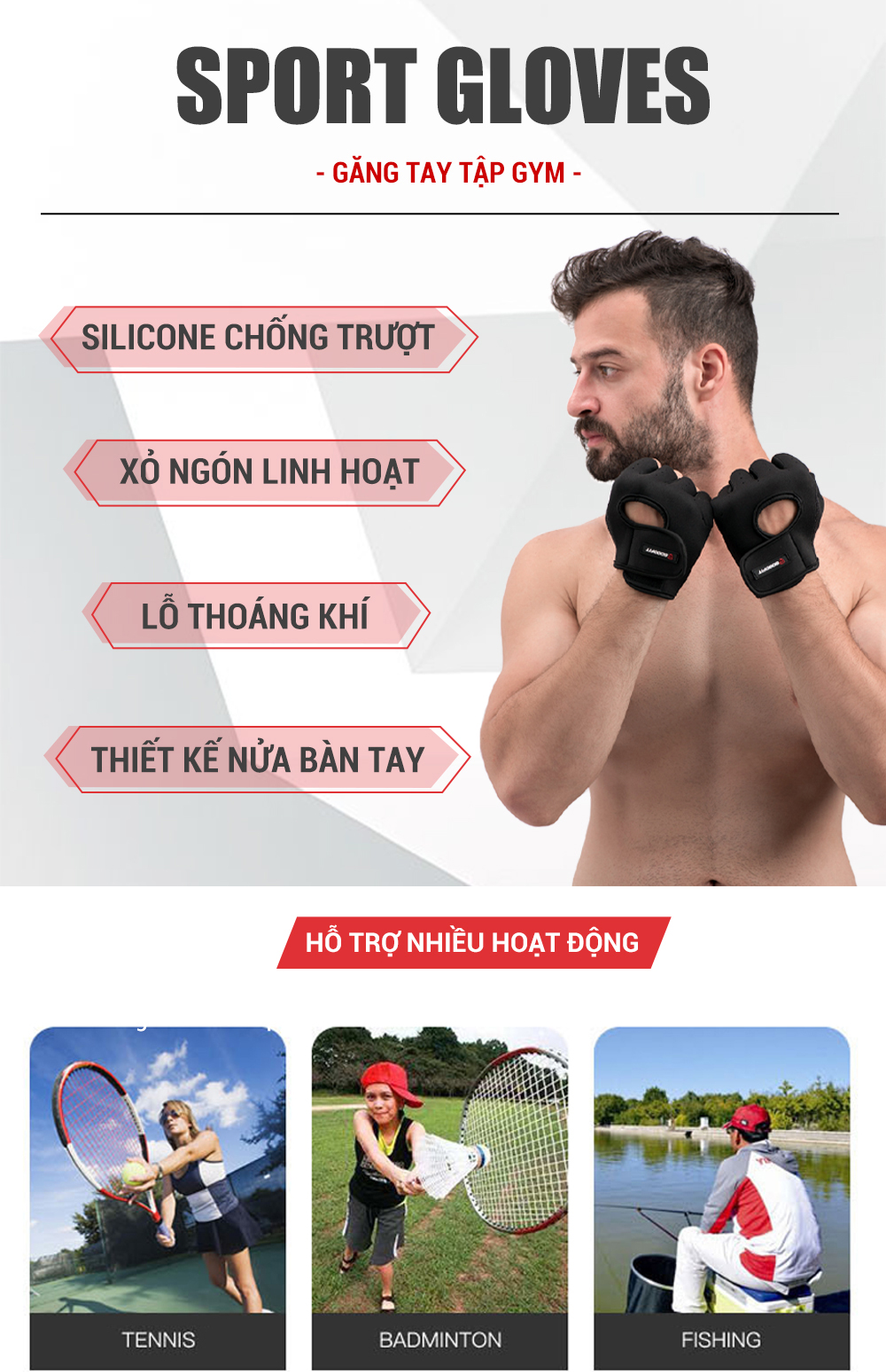 Mô tả Găng tay hở ngón, bao tay tập gym nam nữ GoodFit GF202G đệm silicone chống trượt, vải đục lỗ thoáng khí - 2